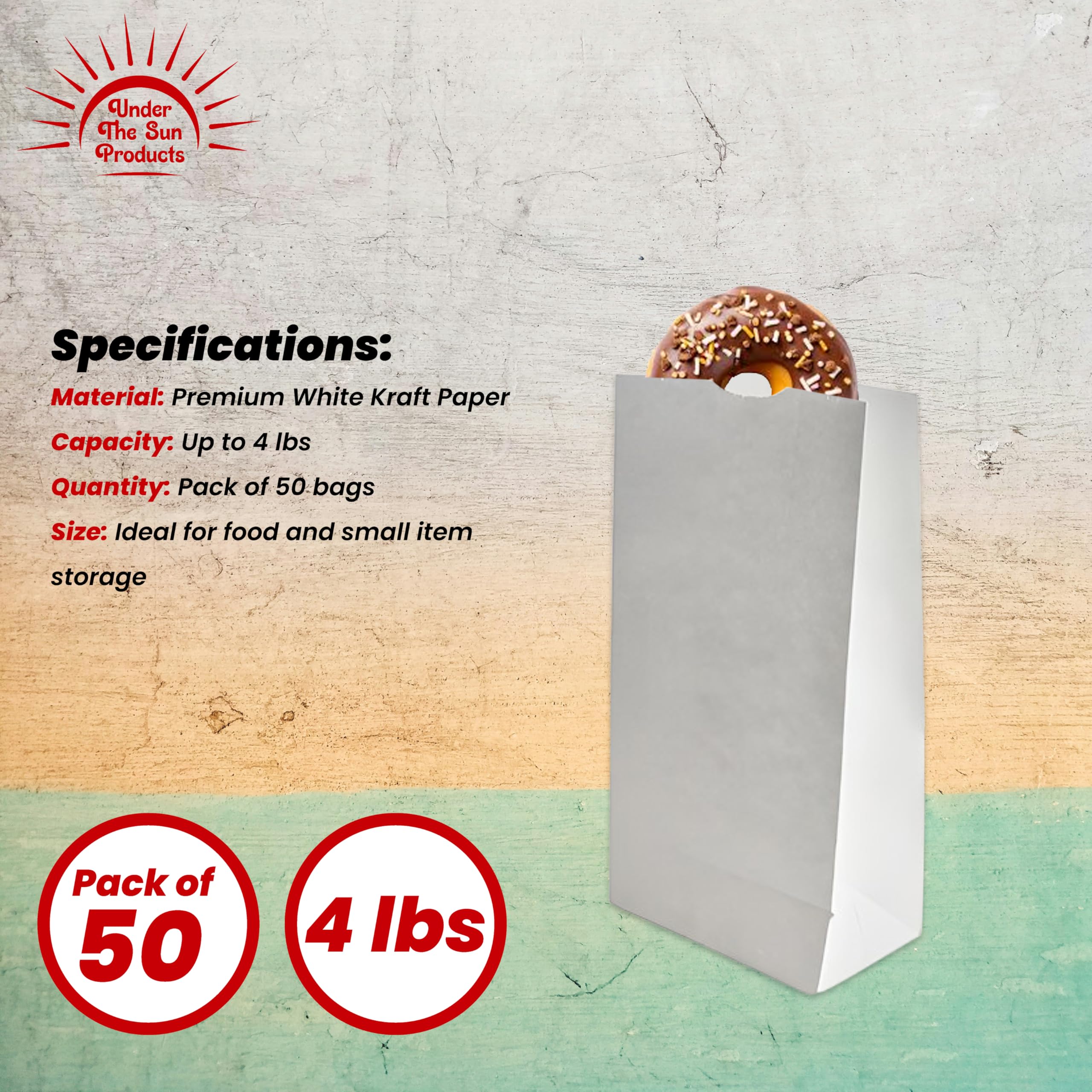 Under the Sun Products- 4lb White Paper Lunch and To Go Bags - Pack of 50ct