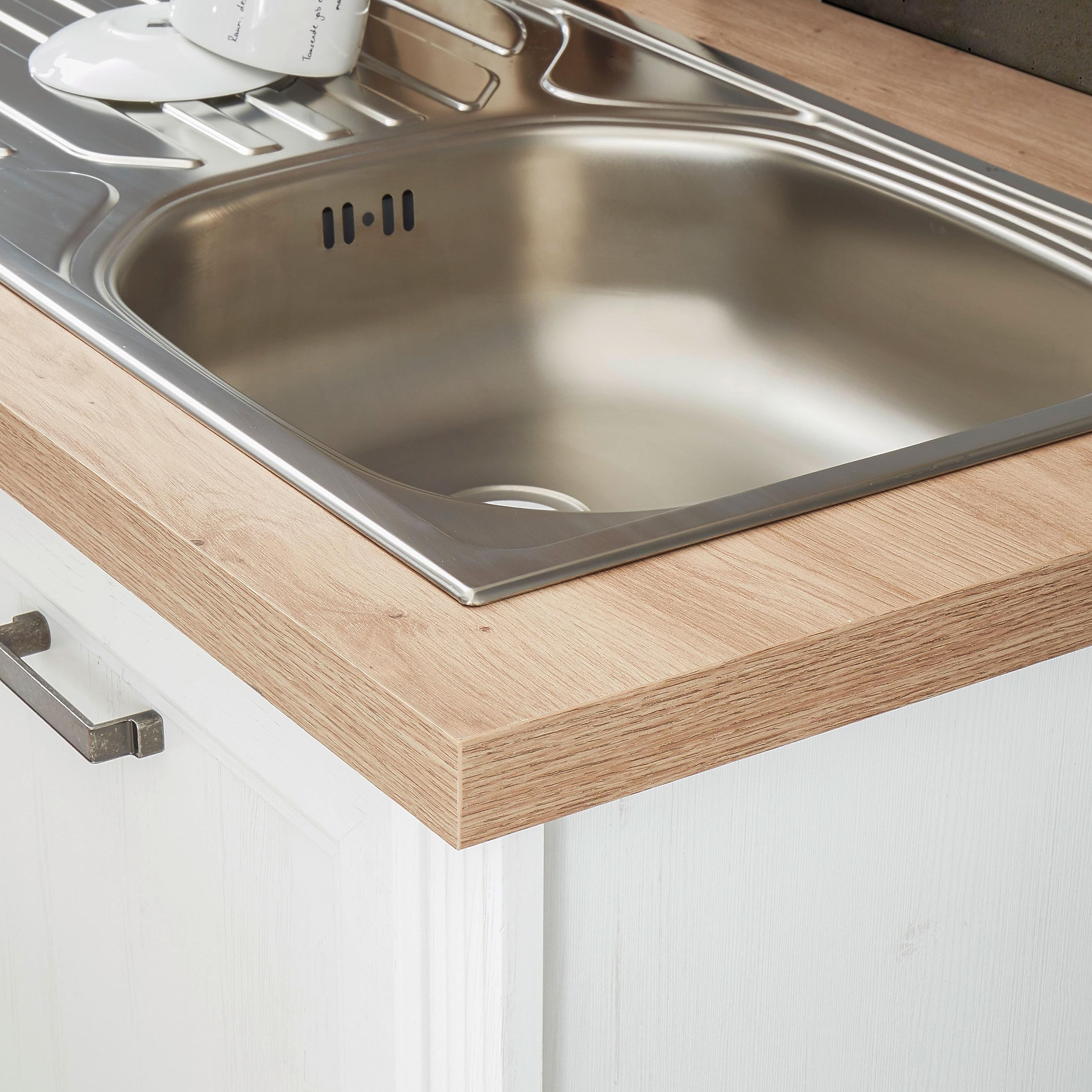 JASMIN Moderne Küchenzeile ohne Elektrogeräte in Pinie hell, Artisan Eiche Optik - Geräumige Einbauküche im Landhausstil - 344 x 228 x 60 cm (B/H/T) | 344 x 228 x 60 cm (B/H/T), Küche ohne Elektrogeräte, modern, Landhausstil, geräumig mit viel Stauraum