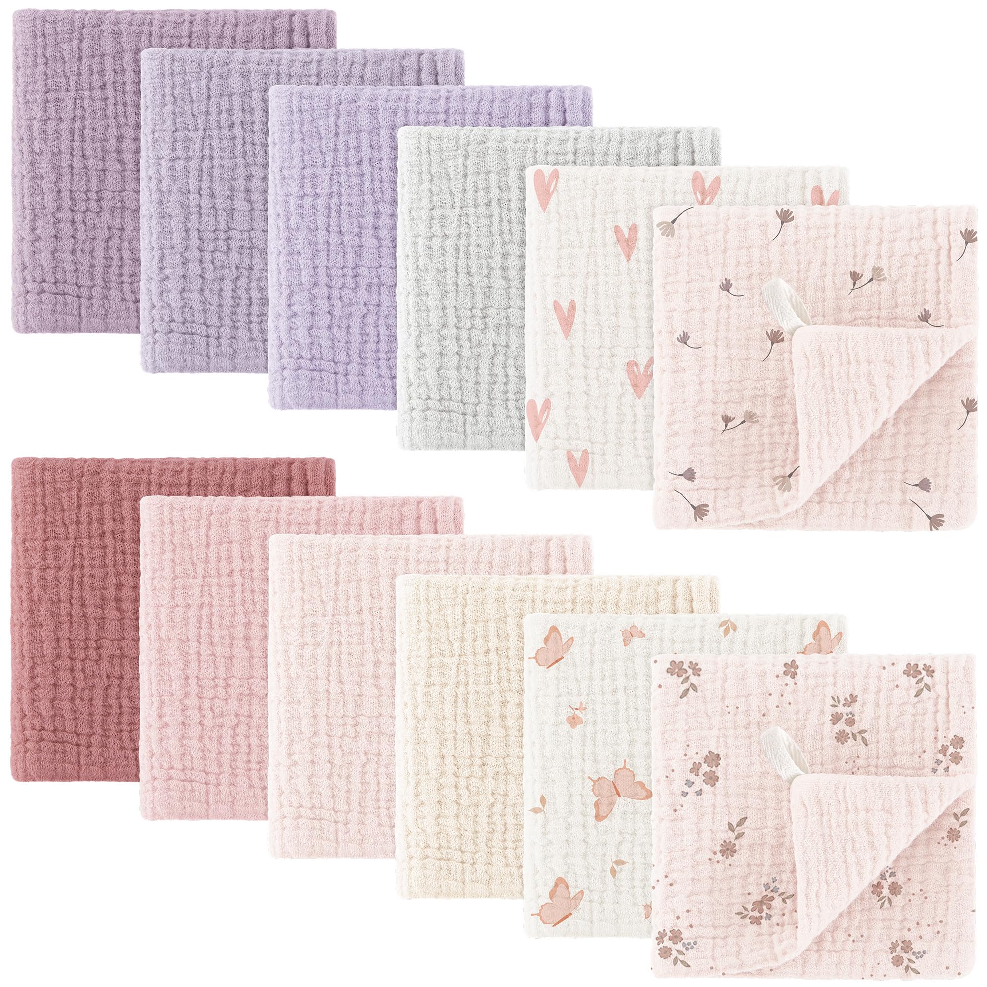 bearmoss Muslin Squares Cloths 100% Cotton Burp Cloth 25x25CM Large Ultra-Absorbent Burp Cloth, 12Pack (Pink & Purple)