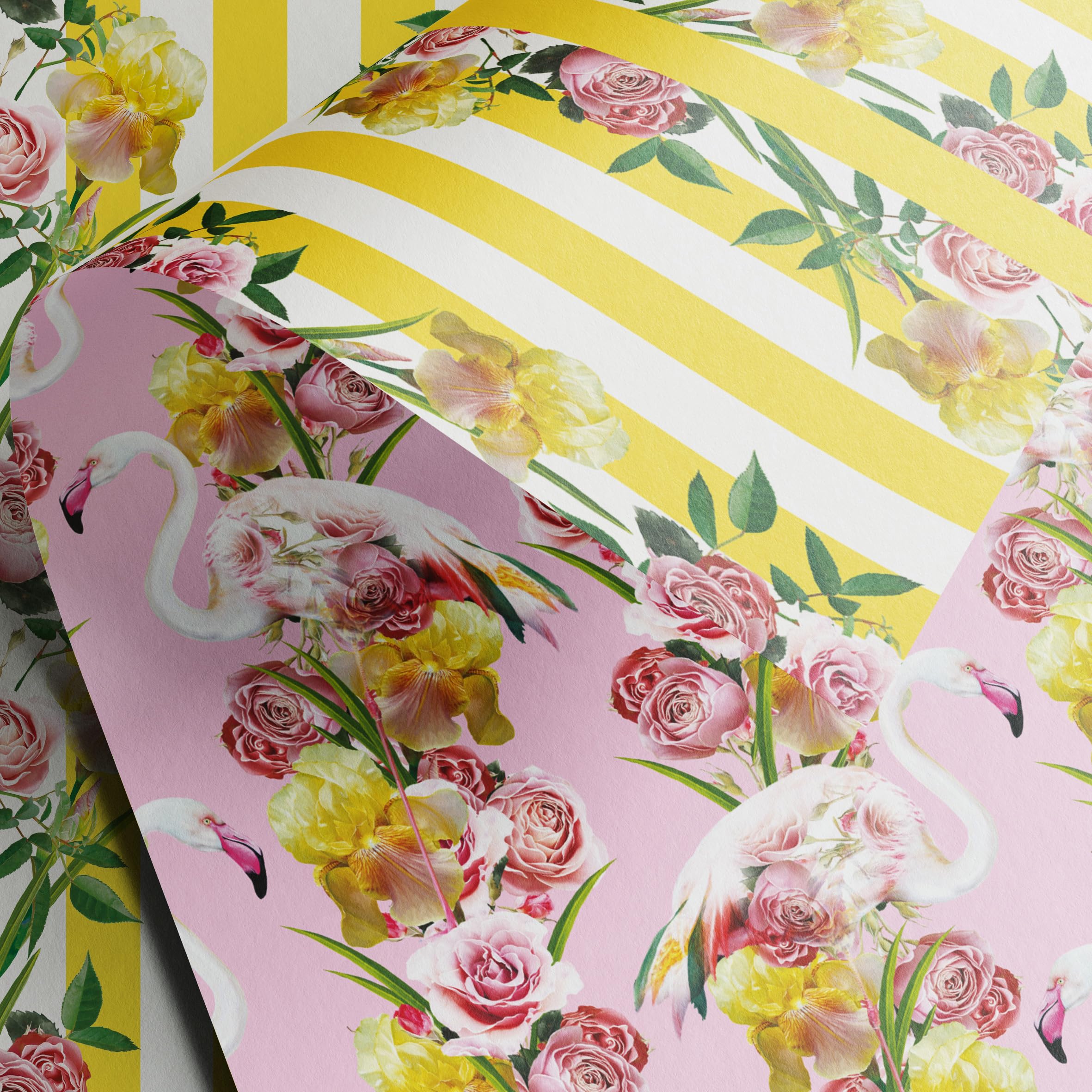 Flamingo & Flowers wrapping paper | 3 Premium gift wrap Sheets Printed in the UK and fully recyclable | delivered in tube (not folded) | luxury 110gsm 50 x 70cm double sided giftwrap — image 1
