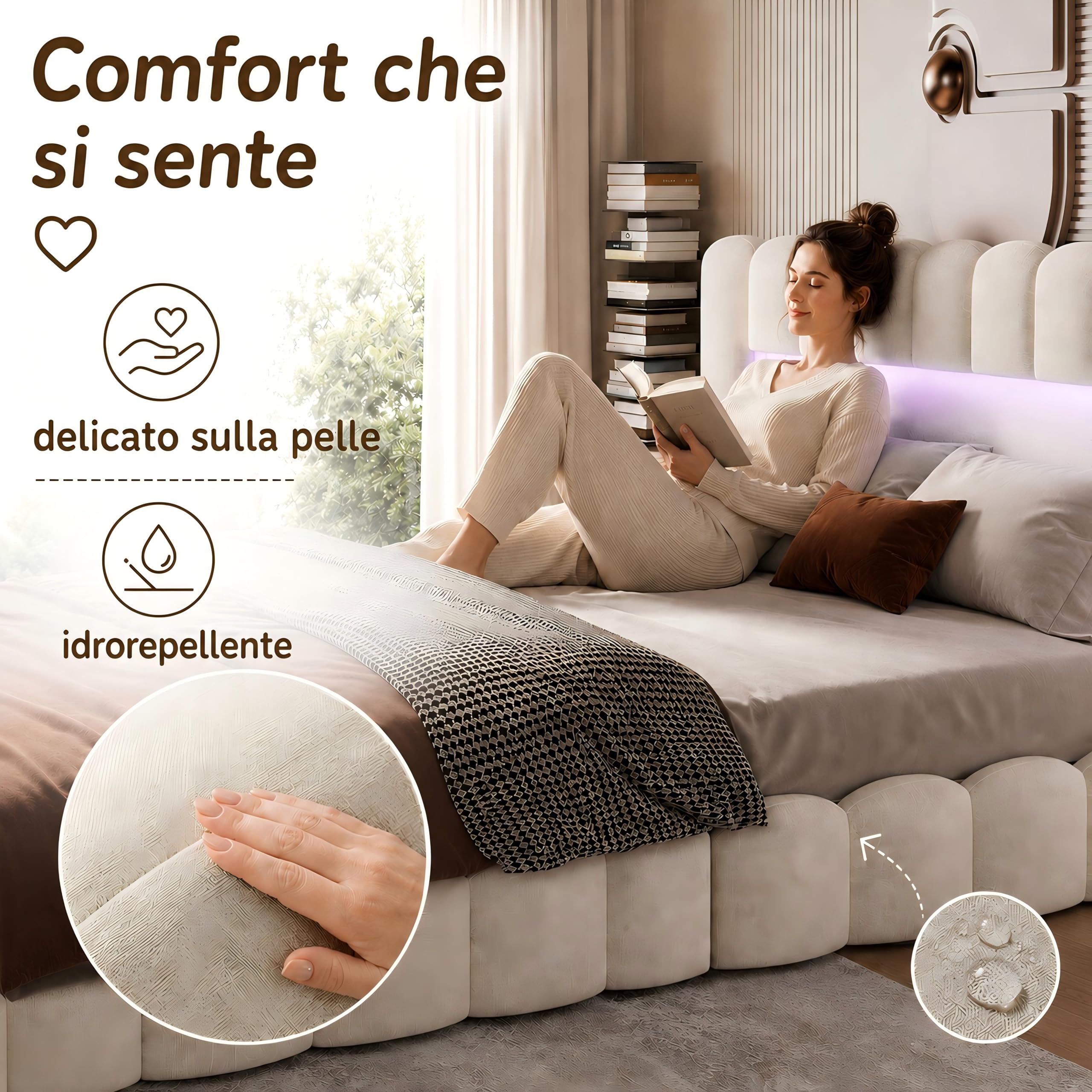 Letto King Size 180x200 con Contenitore Idraulico, Letto Imbottito con LED e USB, Struttura Letto Matrimoniale Grande con Testiera Portaoggetti, Beige, Lino (Senza Materasso)