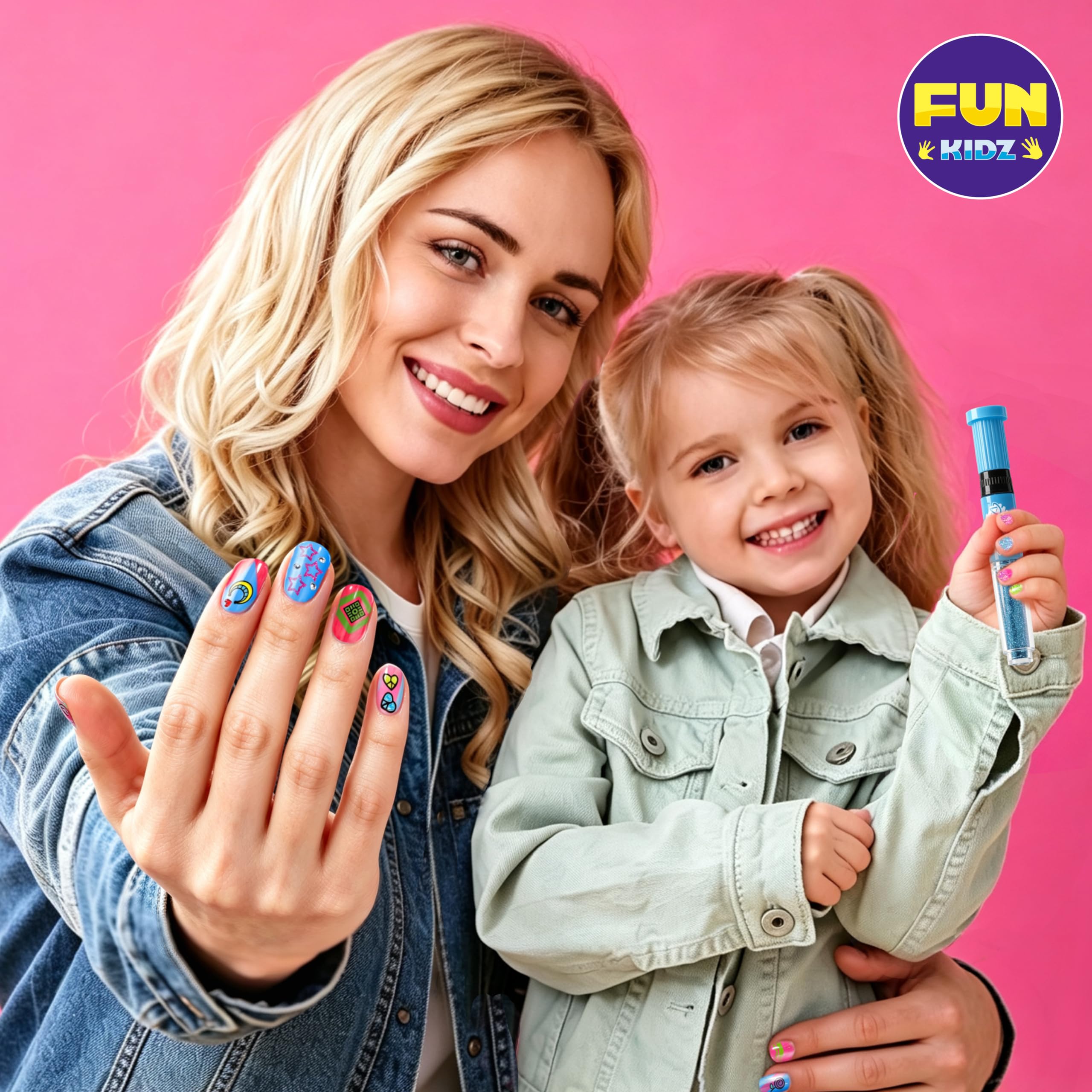 FunKidz - Juego de esmaltes de uñas para niños con 3 en 1 para esmaltes de uñas con purpurina y accesorios de decoración pegajosa