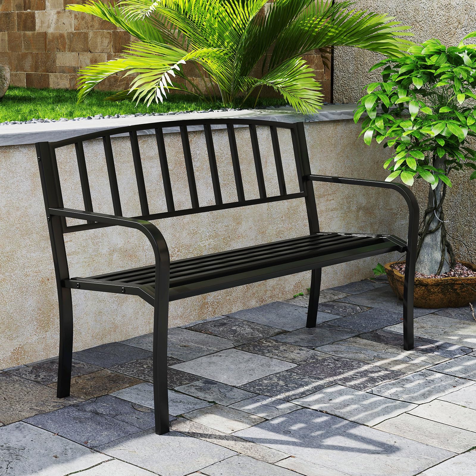 COSTWAY Banco Jardin para 2-3 Plazas, Banco Exterior de Metal, Respaldo de Listones y Reposabrazos Curvos, Terraza Patio Balcon, Carga 300kg, 127 × 59 × 85,5 cm, Negro