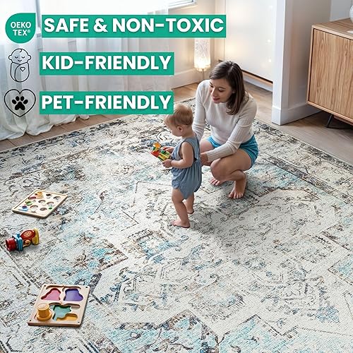 Miniatura 6 de Bloom Rugs Alfombra Lavable Antideslizante de 5' x 7' - Alfombra de Área Tradicional BeigeAzul para Sala de Estar, Dormitorio, Comedor y Cocina -