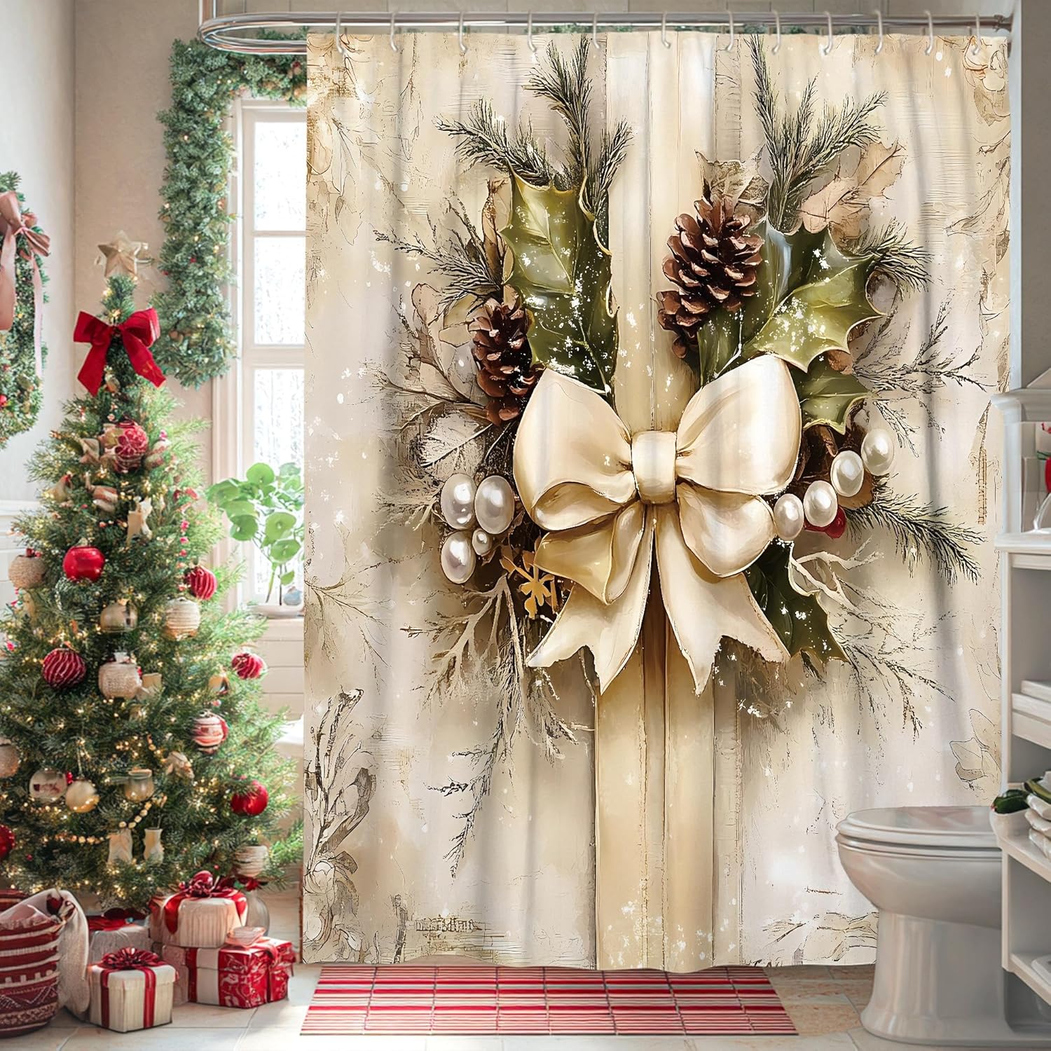 Christmas Shower Curtain, Elegant Gold Bow Pinecones Holiday Decor, Festive Winter Bathroom Set with Hooks, Rustic Farmhouse Waterproof Fabric Shower Curtain 72x84 Inch