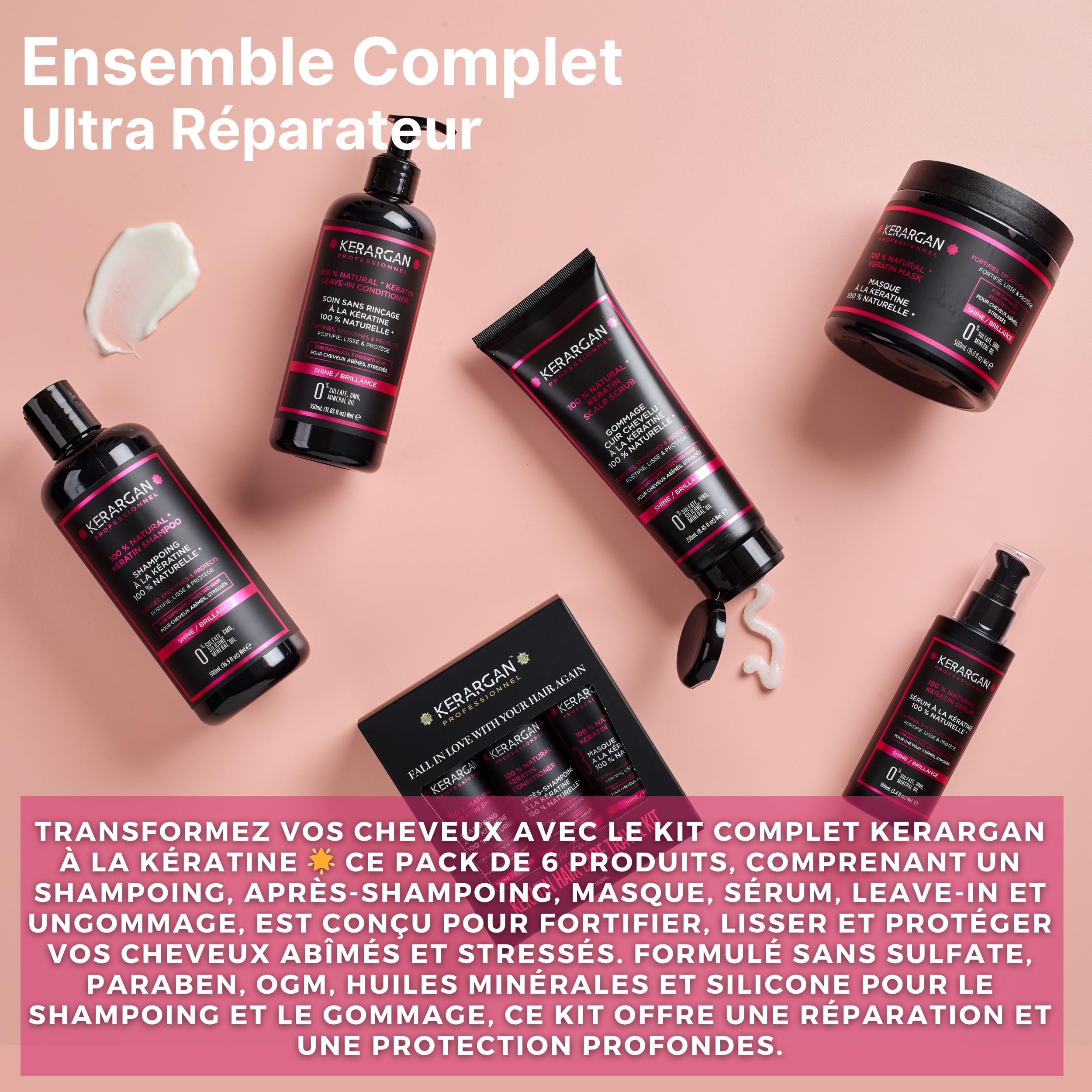 KERARGAN - Routine Kératine 6 Soins Complète - 3x500ml+100ml+350ml+250ml | Shampoing, après-shampoing, masque, sérum, soin sans rinçage et gommage, routine réparatrice complète