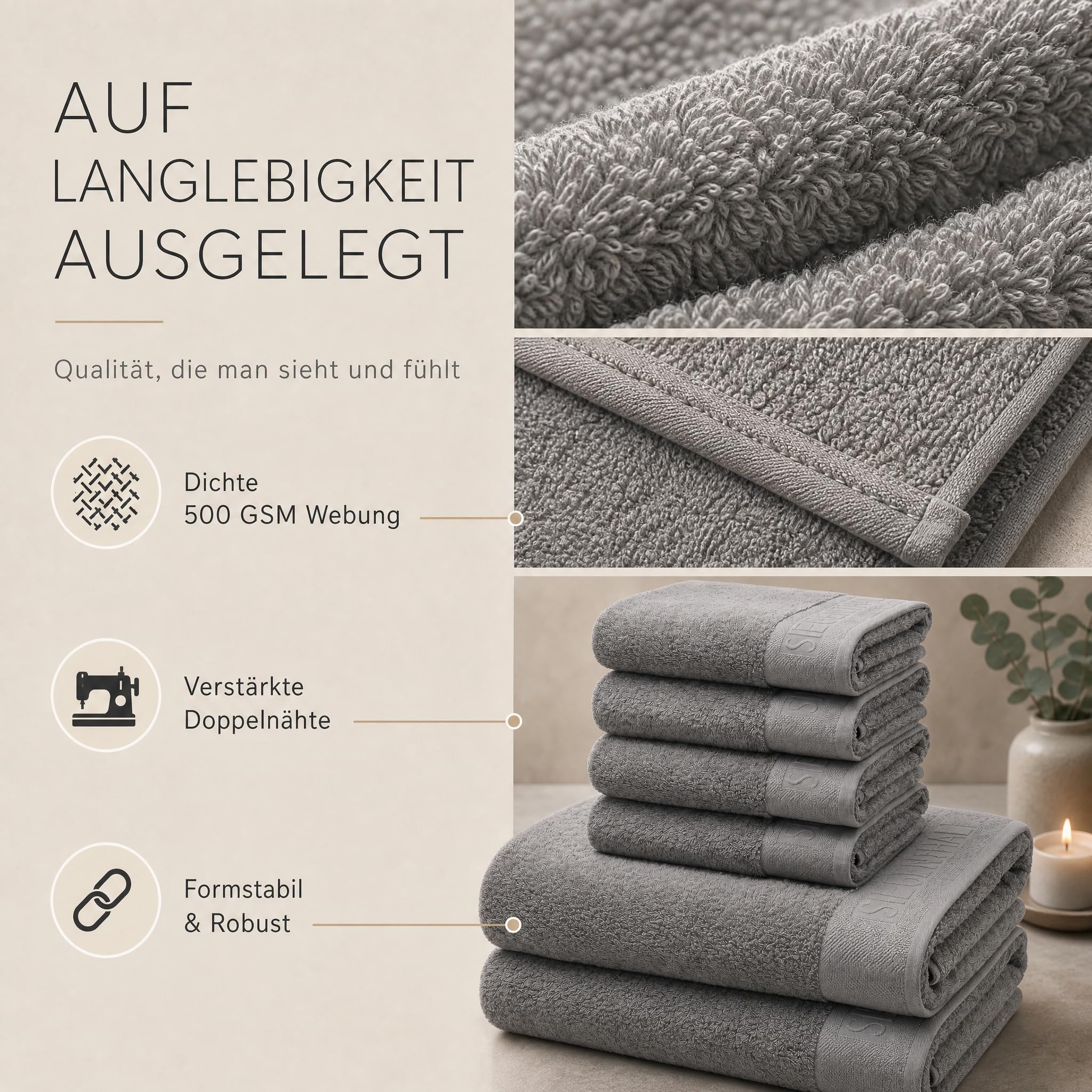 Handtuch Set 6-teilig aus 100% Baumwolle – 2 Badetücher 70x140 cm & 4 Handtücher 50x100 cm für Bad & Gäste-WC, Weich, Saugstark, Schnelltrocknend - Hellgrau