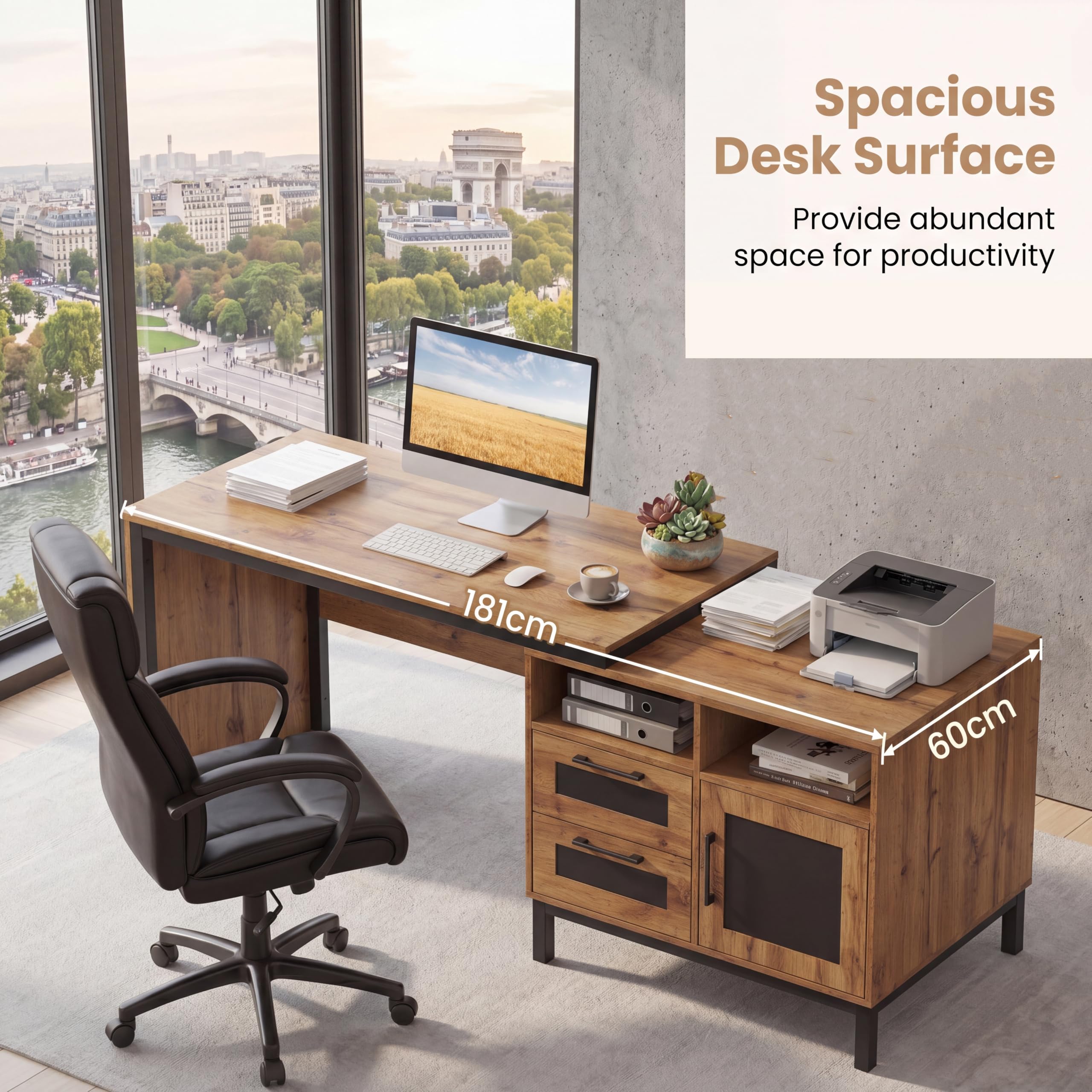 Giantex Escritorio de Ordenador con Cubos de Almacenamiento y Cajones | 2 Cajones, 2 Compartimentos Abiertos y Armario, Mesa de Oficina para Hogar, Estudio, 181 × 60 × 76 cm