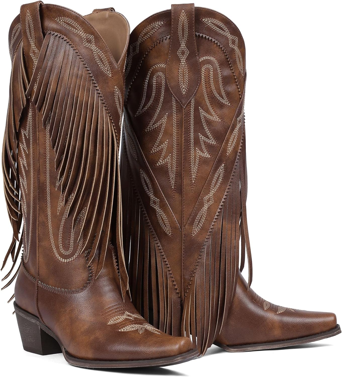 Mattiventon Cowboy Boots for Women Fringe Knee High Cowgirl Western Boots with Classic Embroidery Pointed Toe Chunky Heel for Weddings Parties
