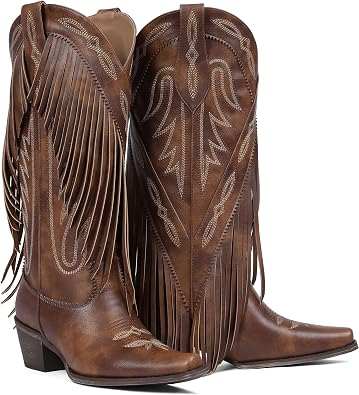 Mattiventon Cowboy Boots for Women Fringe Knee High Cowgirl Western Boots with Classic Embroidery Pointed Toe Chunky Heel for Weddings Parties
