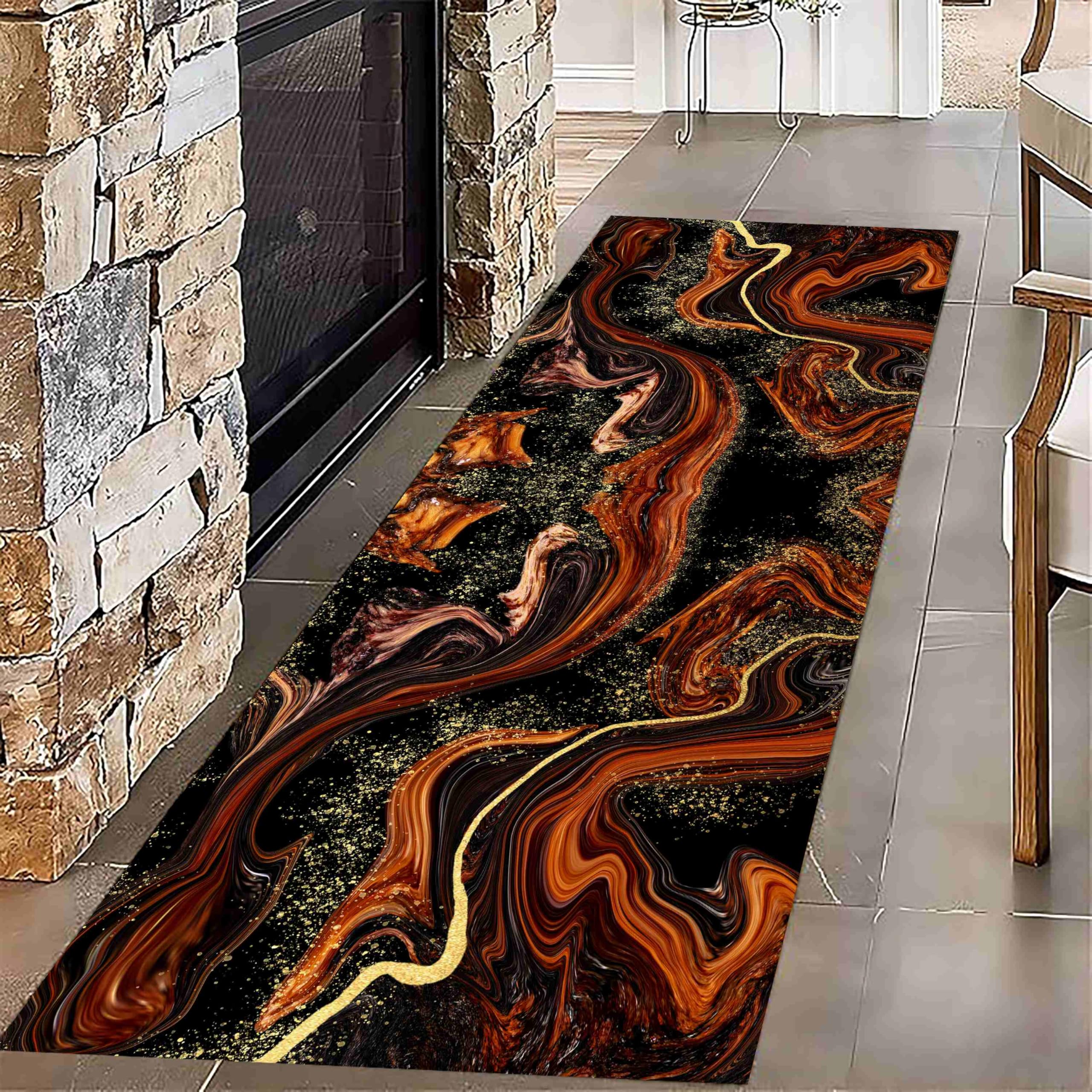 Marble Red Runner Rug,120x300cm, Modern Abstract Geometric Swirl Art Decoration Carpet, Luxury Aesthetic Marble Area Rugs, Non-Slip Durable Washable Long Runner Rugs for Living Room Kitchen Office