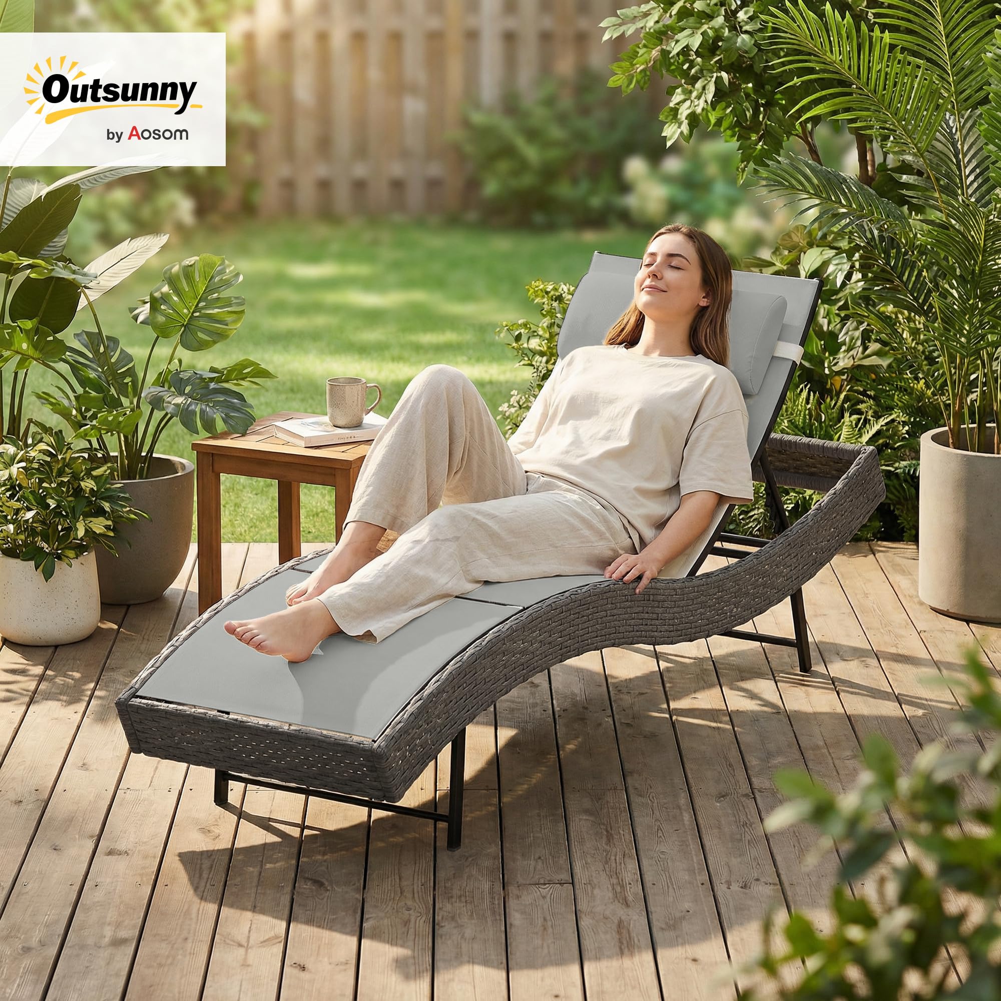 Outsunny Chaise Longue en Résine Tressé Bain de Soleil Jardin Gris Clair