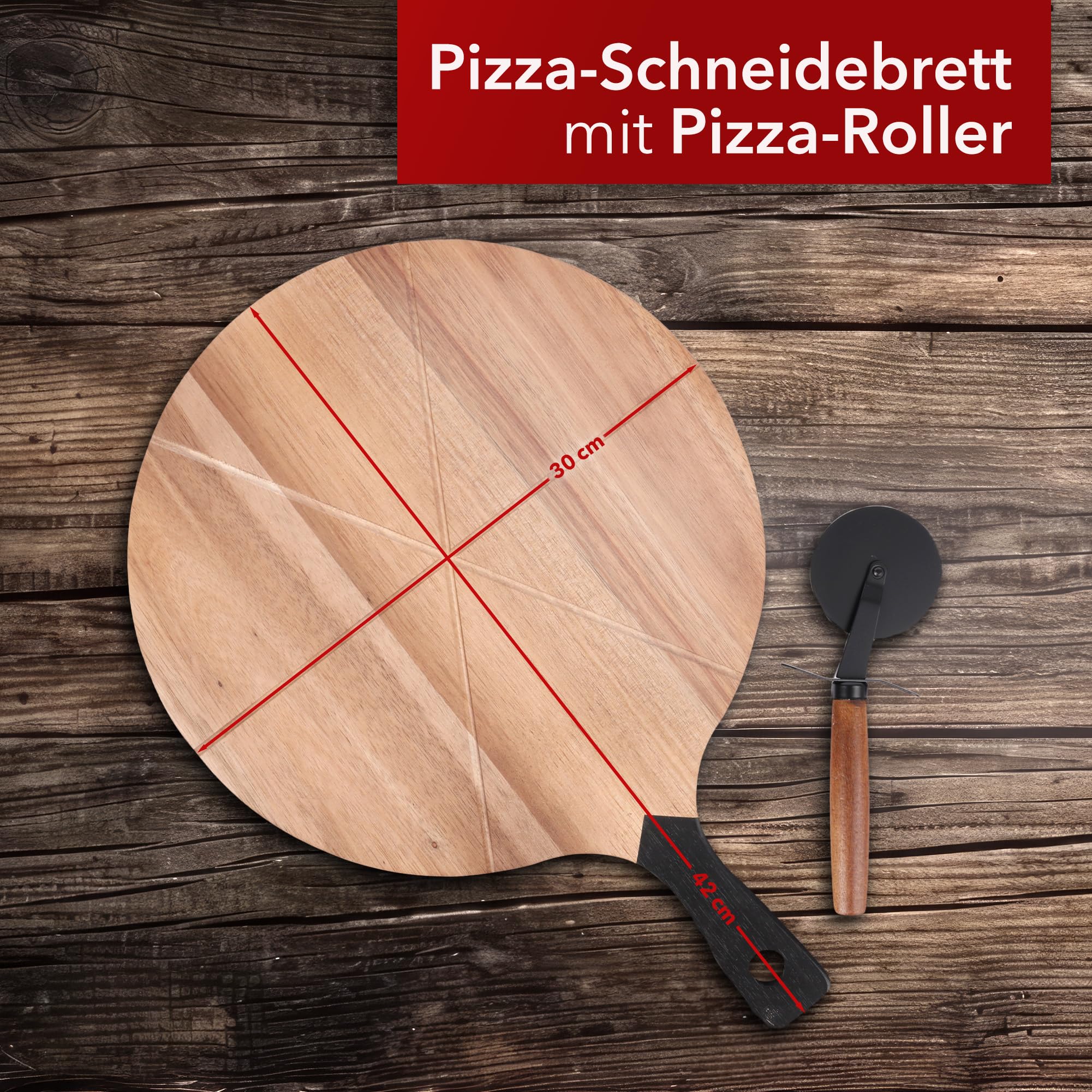 Pizza Set – Schneidebrett aus Holz (Akazienholz) mit Griff und Führungsrillen + Pizzaroller – 30 cm Durchmesser - Pizzateller groß, Servierplatte & Holz Schneidebrett in Einem