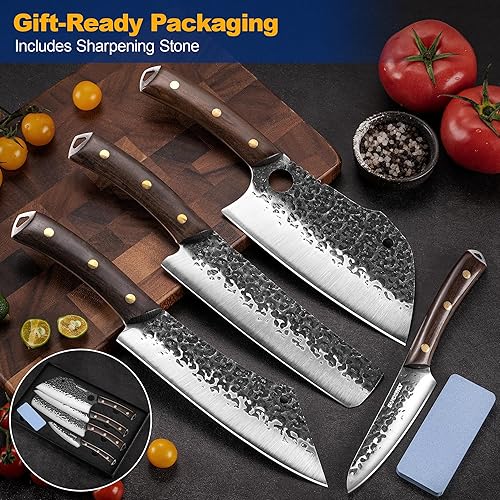 Miniatura 5 de Juego de 4 cuchillos de carnicero con cuchilla de 7 pulgadas, cuchillo de chef de 8 pulgadas, Nakiri de 8 pulgadas y cuchillo utilitario de 5