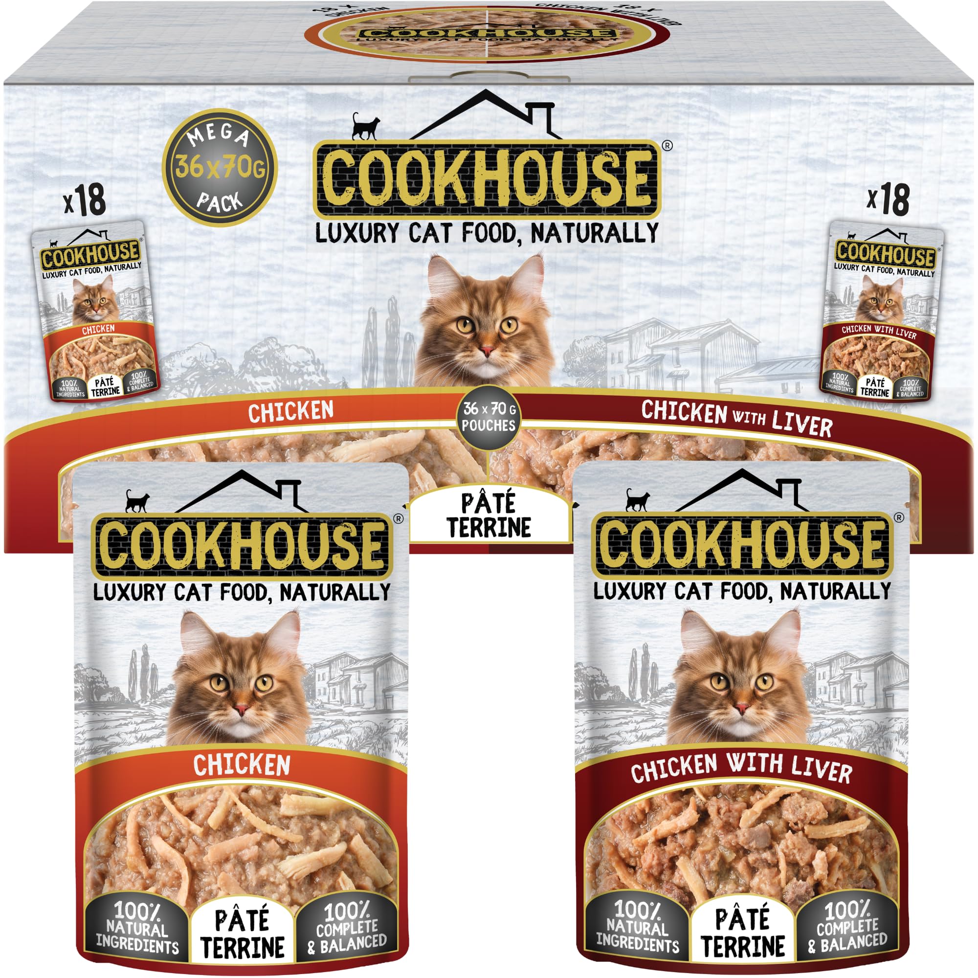 COOKHOUSE 100% Natural & Complete Luxury Wet Cat Food - 36 x 70g Pouches - Chicken/Chicken with Liver - Pate Terrine