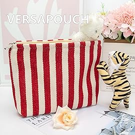 PAZIMIIK Makeup Bag Large Cotton Zipper Pouch for Purse Travel Canvas Make Up Organizer for Women Cosmetic,Stripe Red