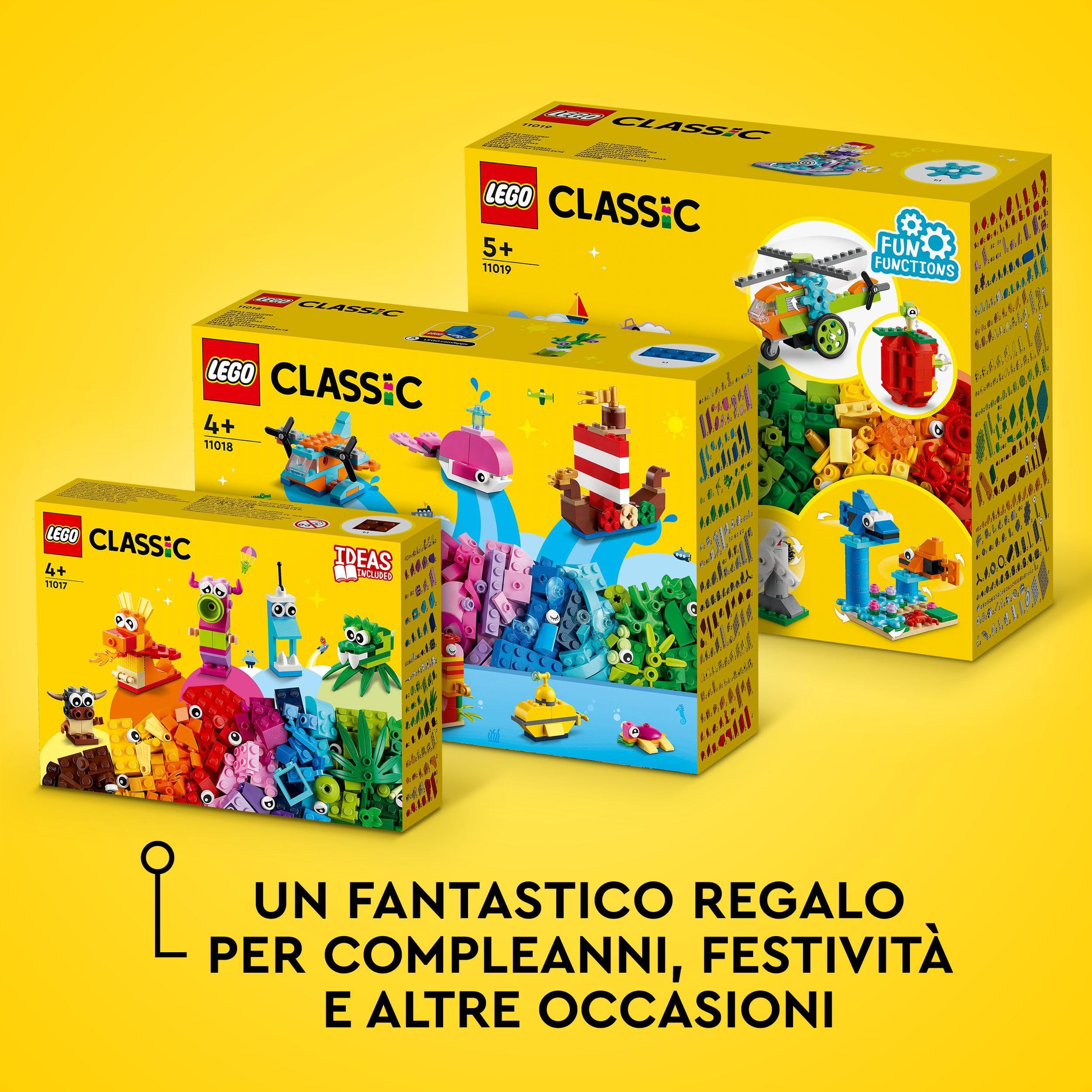 LEGO Classic Mattoncini e Funzioni, Idee Creatie per Costruire 7 Mini Modellini con Meccanismi e Ingranaggi, come una Ballerina, una Mela o un Elicottero Giocattolo, Giochi per Bambini e Bambine 11019
