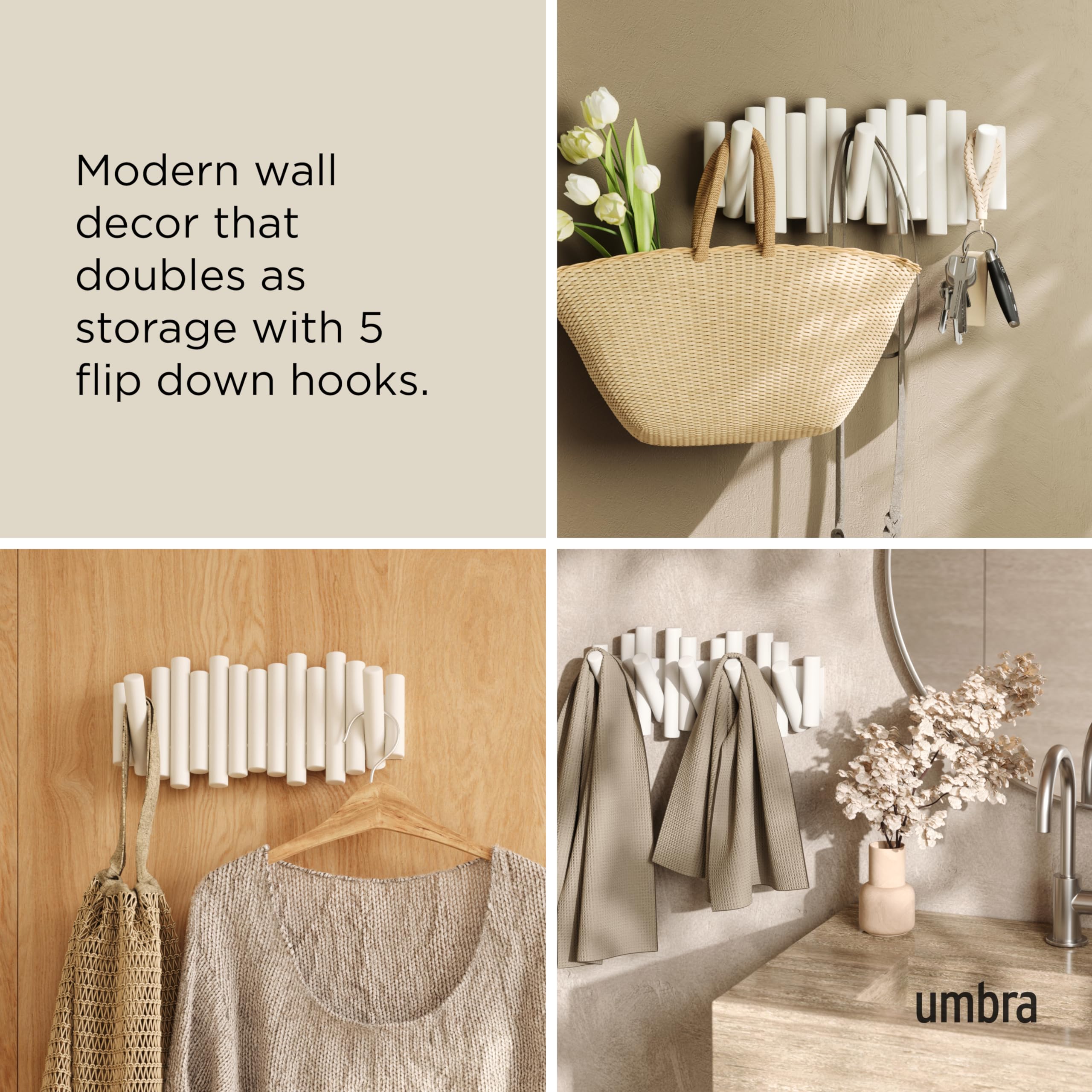 Umbra Picket Wall-Mounted Coat Rack Rail Hook with 5 Retractable Wood Pegs - Modern, Space-Saving Storage Organizer, White - Image 4