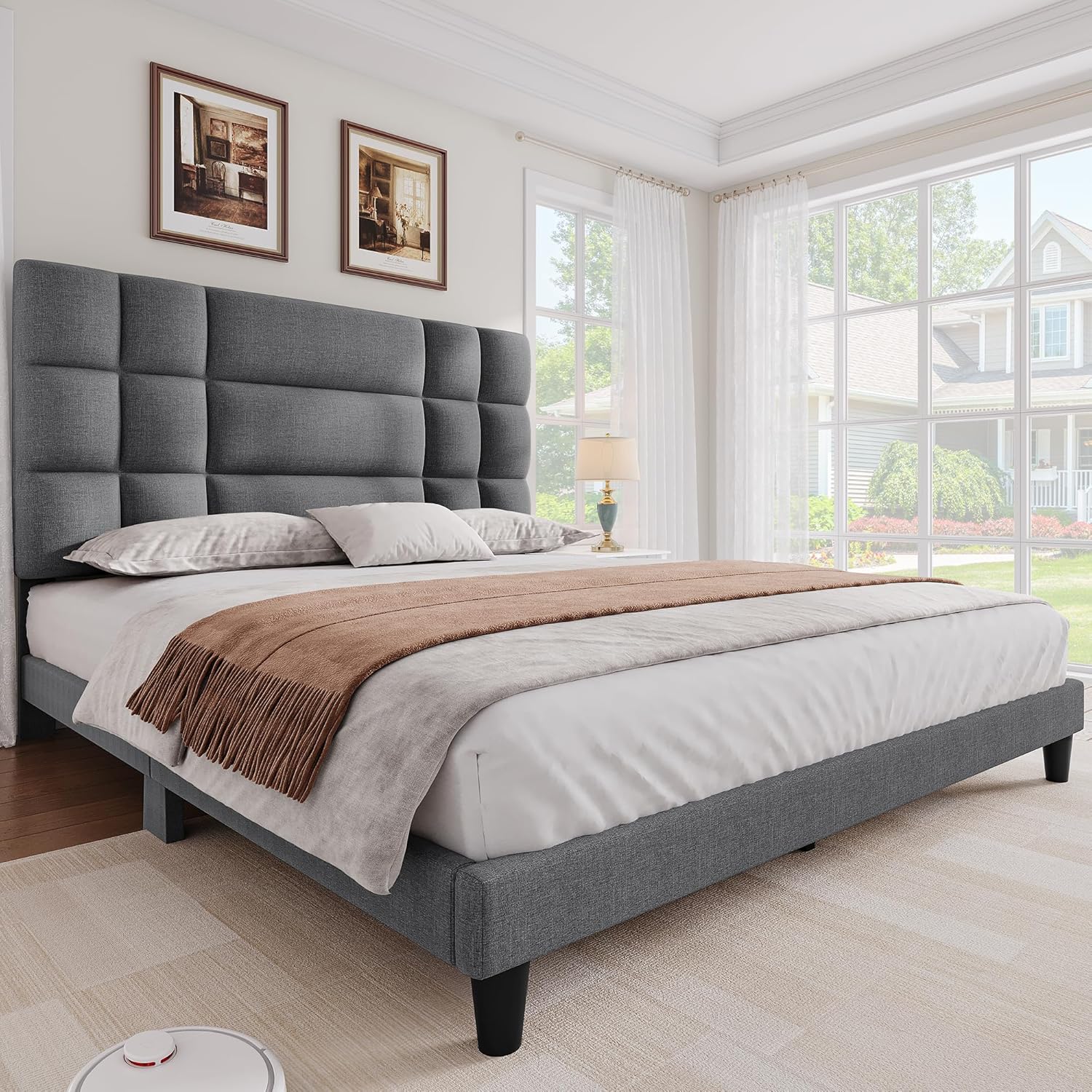 DWVO Queen Platform Bed Frame with Fabric Upholstered Headboard,Mattress Foundation with Wooden Slat Support, Noise Free/No Box Spring Needed/Easy Assembly,Gray