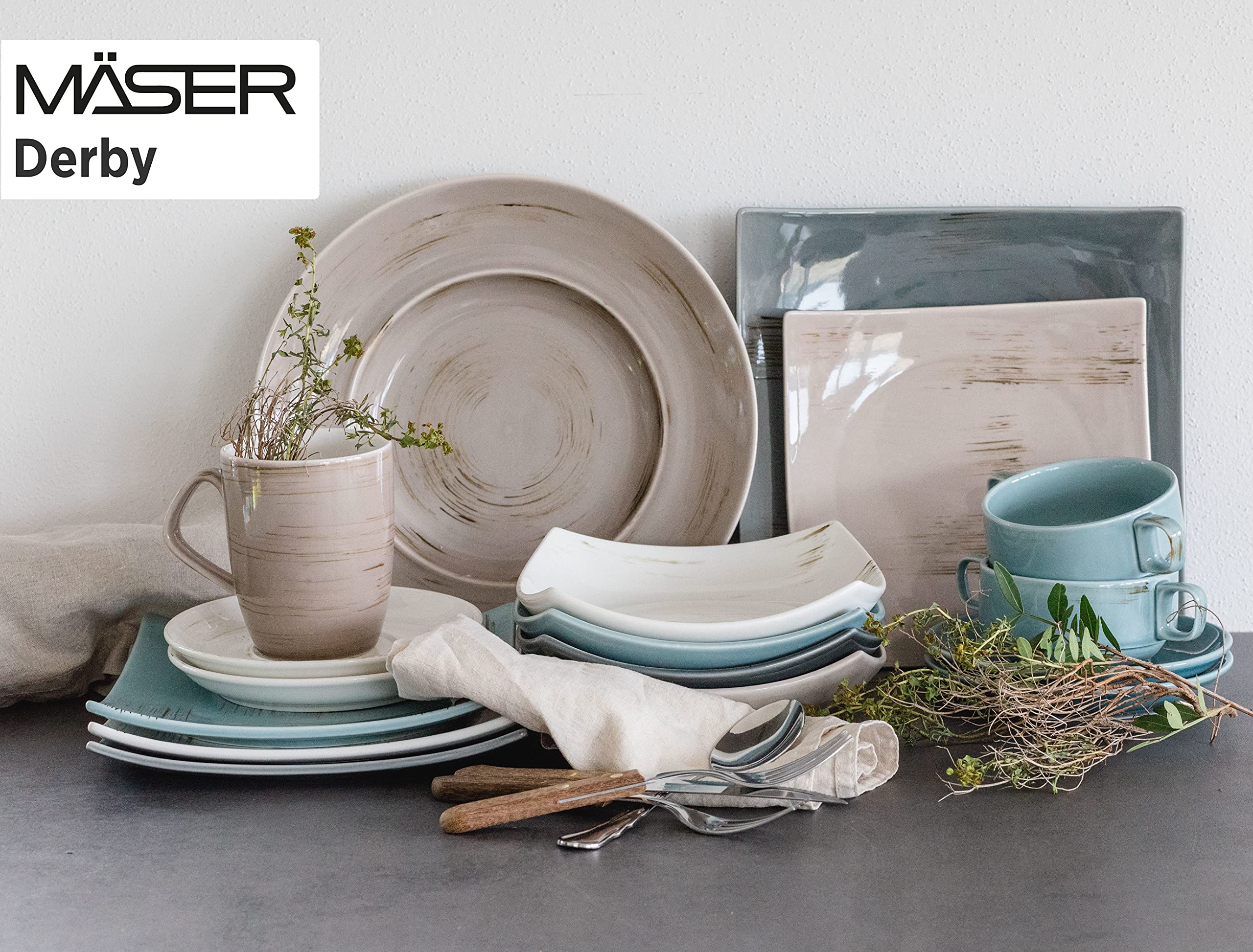 MÄSER 931448 Serie Derby, set di stoviglie premium con piatti quadrati per 4 persone in qualità gastronomica, servizio moderno combinato, 16 pezzi, colori pastello, porcellana durevole