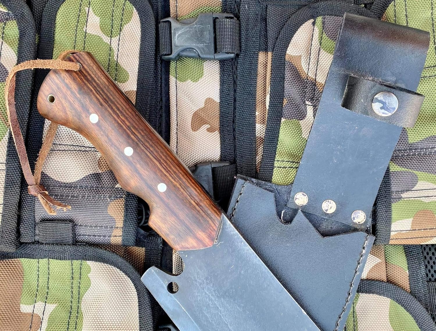 10 Inch Bumpak Kitchen Knife with Black Leather Sheath, High Grade Carbon Steel Blade, Rosewood Handle, Handmade in Nepal