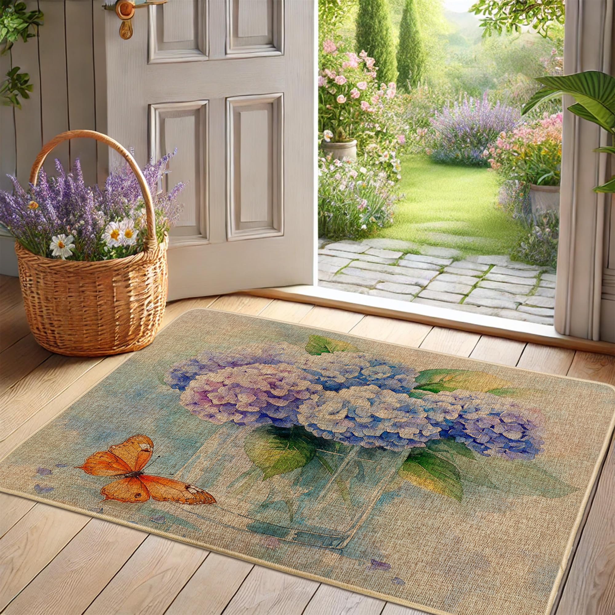 XURTIEA Spring Hydrangea Doormat, Blue Butterflies Door Mat for Outdoor & Indoor Entrance Rustic Decor, Rubber Waterproof Non-Slip Dust Absorbent