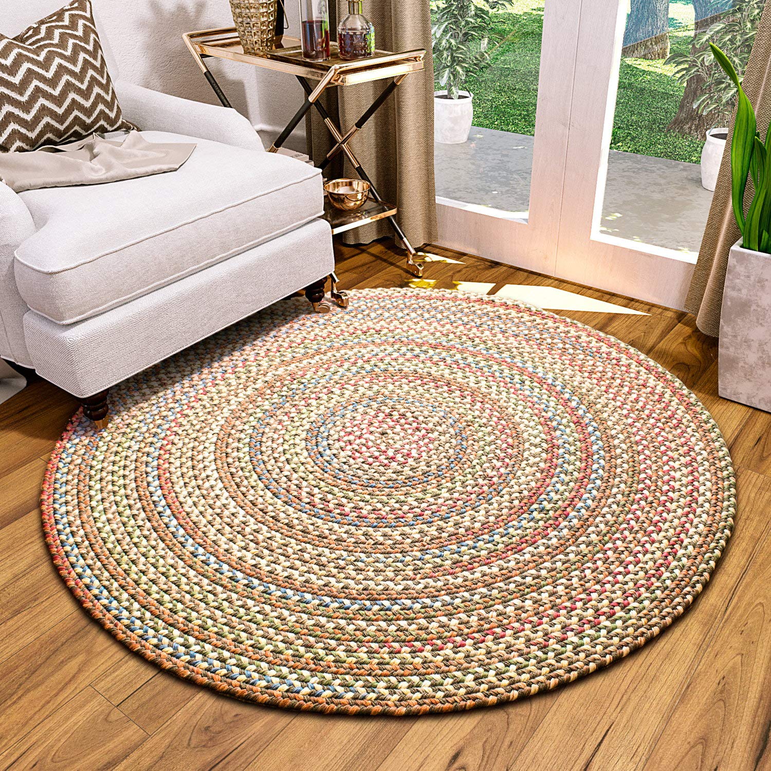 Dk. Taupe/Multi Braided Rug - 6' Round Rugs for Living Room and Dining Room Table - Vibrant Colors - Stain Hiding Material - Made in USA