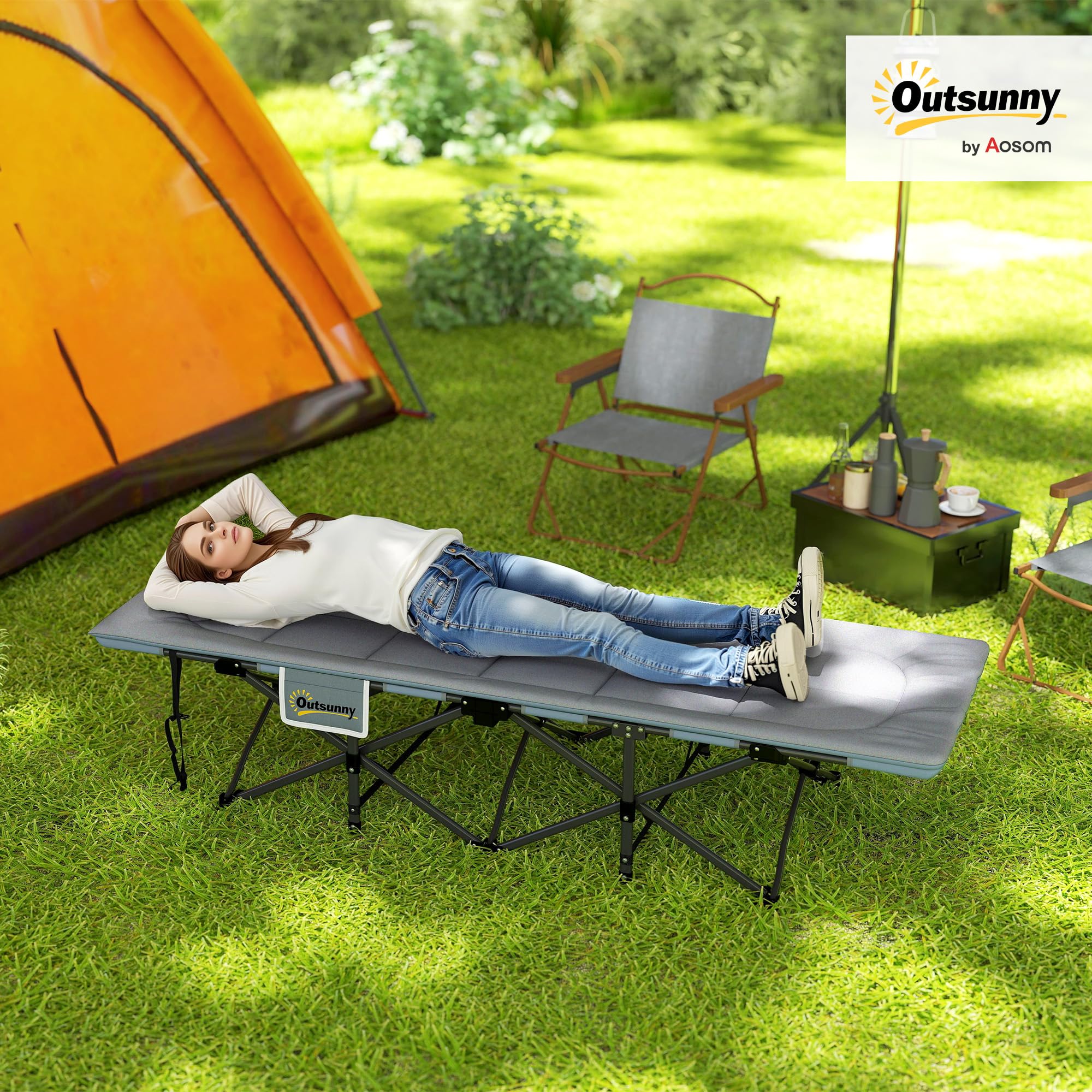 DUOSONG Outsunny Camping Cot For Adults, Folding Bed With Soft Padded Cushions Headrest 180 Adjustable Reclining Lounger Heavy Duty And Portable A 400