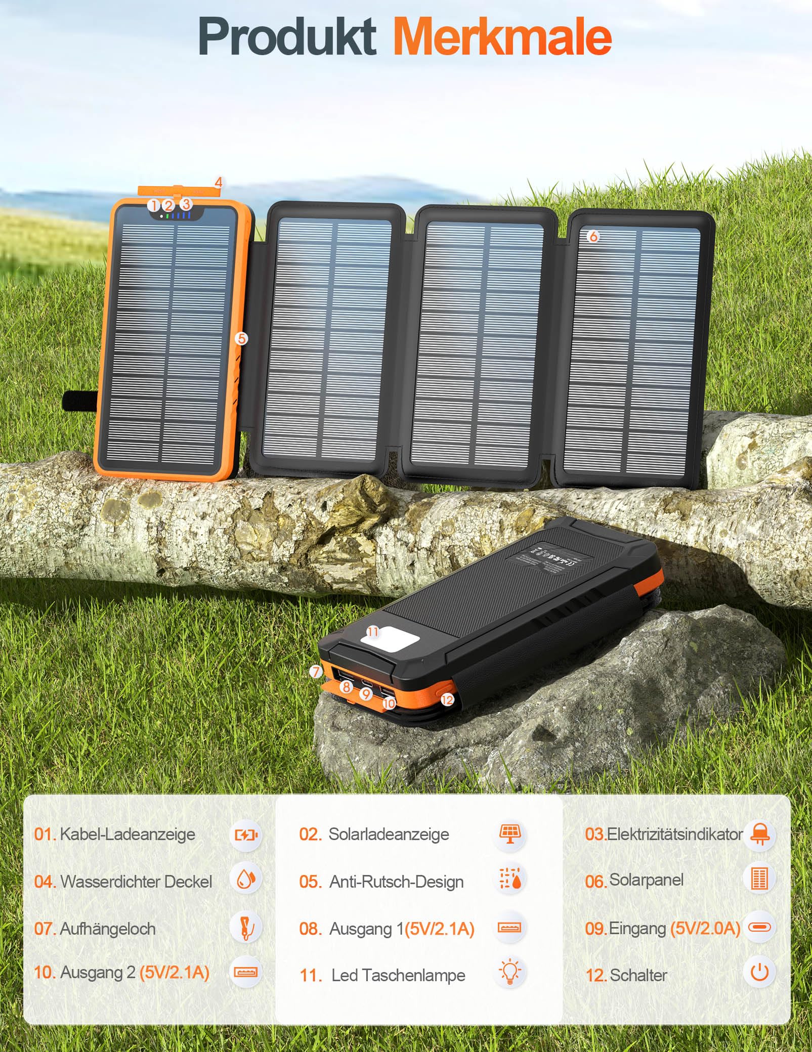 elzle Solar Powerbank 26800mAh, 4 Solarpanel, Outdoor Camping | Wasserfestes Design, 4 Modi Taschenlampe, 5V/2.1A, 5V/3.1A Ausgang, 2 USB-A, 1 USB-C, 5W Solar Eingang, für Handy, Tablet