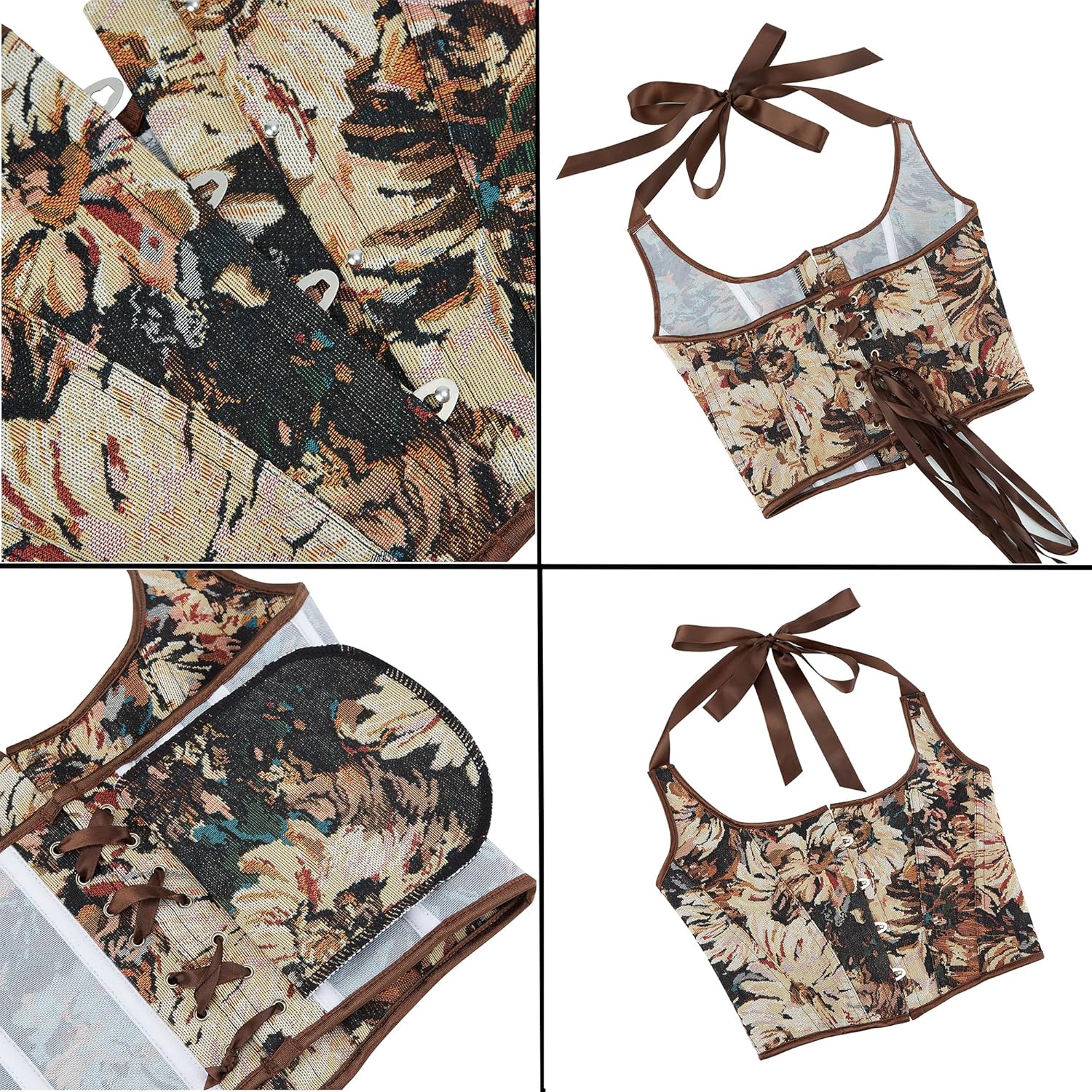 Mealah Women's Sexy Gothic-Halter Bustier-Corset Tops - Vintage Floral With Buckle Lace-Up-Boned Overbust Corsets Top - Image 3