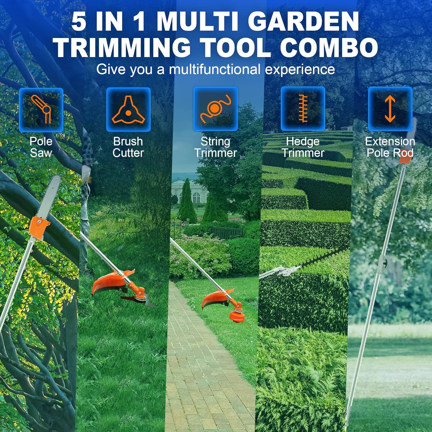 52cc 2 Cycle 5 in 1 Garden Hedge Trimmer Combo, Gas Powered Long Reach Pole Saw Grass String Trimmer Brush Tree Cutter Pruner Weed Eater, Multi Functional Garden Trimming Tools