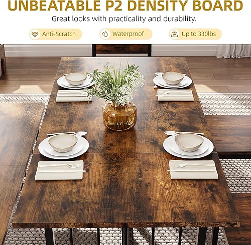 Miniatura 3 de DWVO Juego de mesa de comedor de 63 pulgadas para 6-8 personas, juego de mesa de cocina grande de 6 piezas con 2 bancos y 4 sillas, mesa de comedor