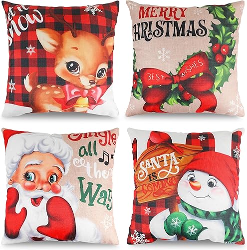LOKIPA Juego de 4 fundas de almohada de Navidad de 17 x 17 pulgadas, juego de 4 fundas de cojín de Navidad para el hogar, dormitorio, habitación,