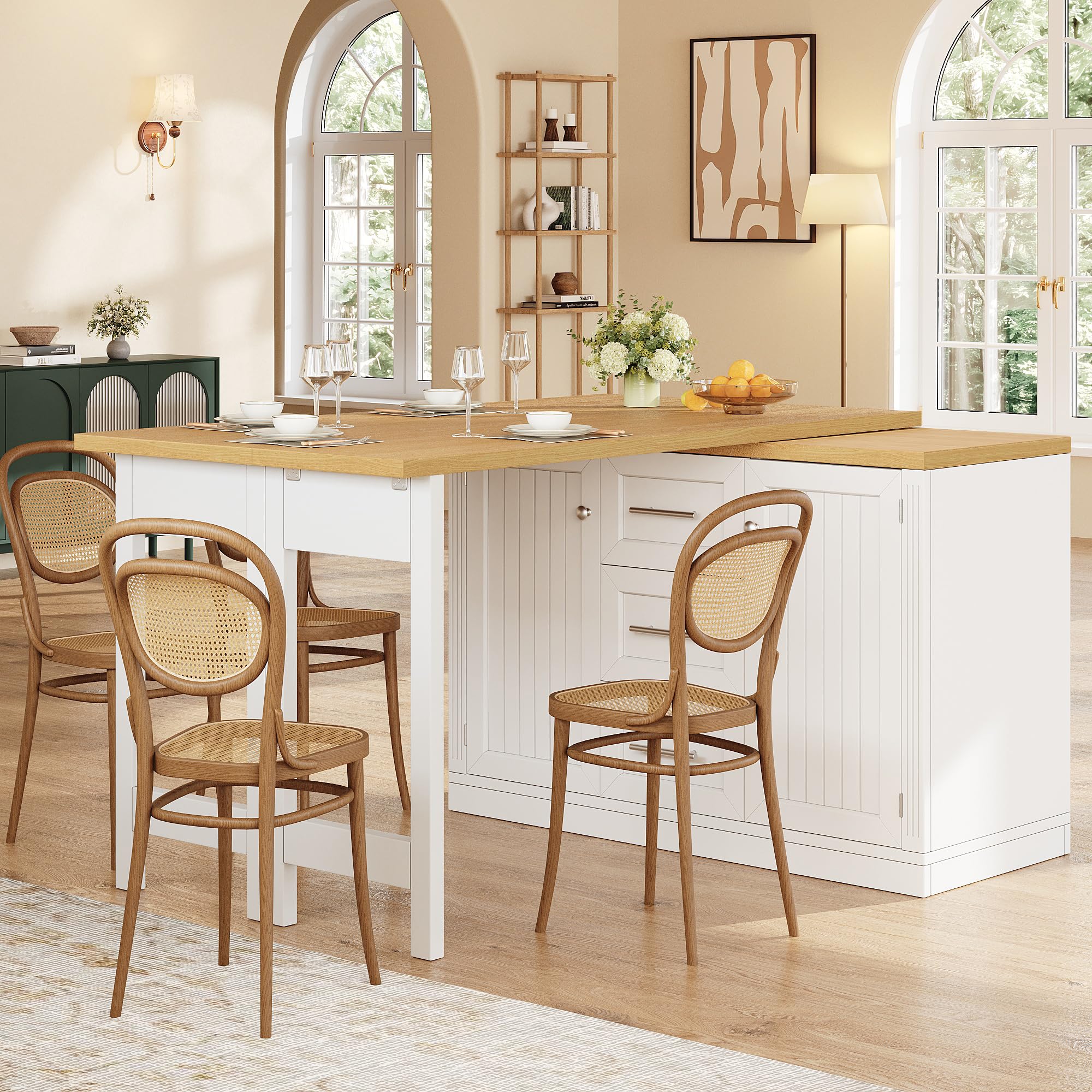 Merax 360ยฐ swivelling Dining Bar table Kitchen island, with white storage cabinet with 2 Doors with snack tray & 3 Drawers and Folding extending table-40-80X120CM โ image 1