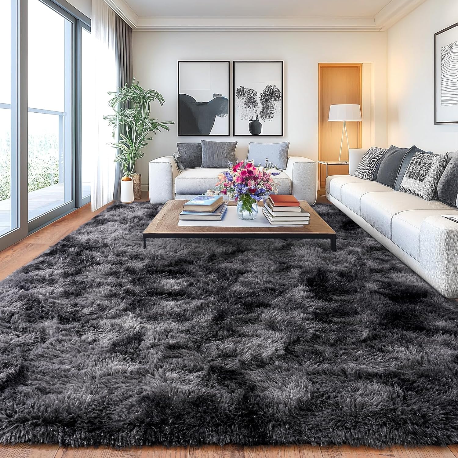 Shaggy Soft Fluffy Rug Non-Slip Indoor Floor Carpet for Living Room Anti-Skid Indoor Carpet Tie-Dyed Black Grey 5x7 Feet Tie Dyed-black Gray 5' x 7' (Rectangular)