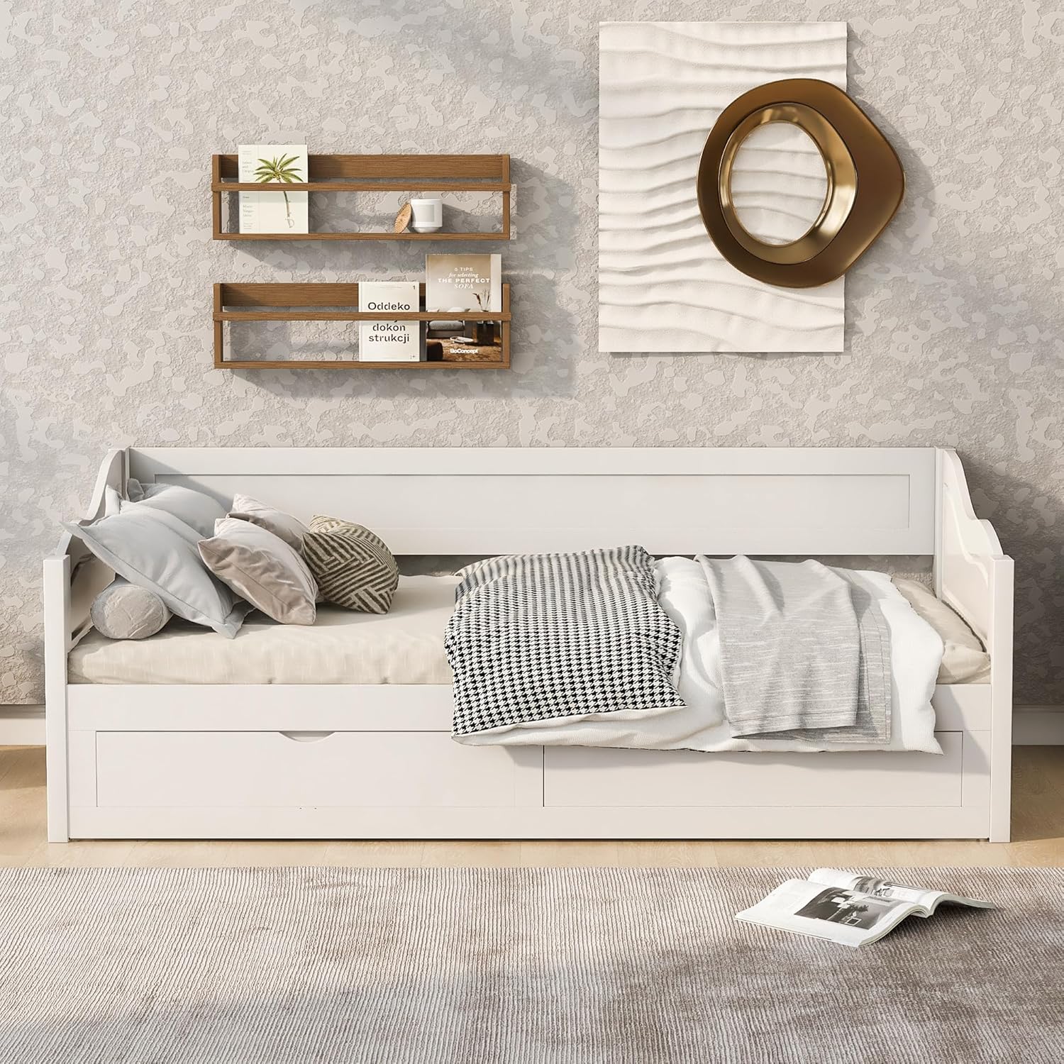 Polibi Extendable Daybed, Wooden Daybed with Trundle and Two Drawers, Convertible Sofa Bed with 2 Storage Drawers, Can be Expanded from Twin Size to King Size (White)