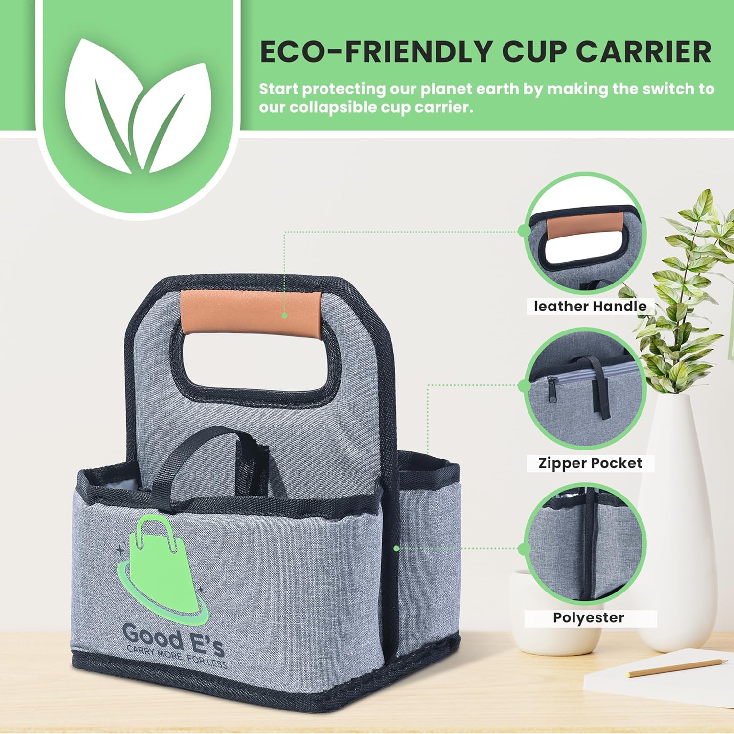 Good E’s 4 Cup Reusable Coffee Cup Carrier for Delivery, Insulated, Waterproof, Portable Tote Bag Drink Holder with Leather Handle Organizer for Cold/Hot Beverages (16oz to 24oz)