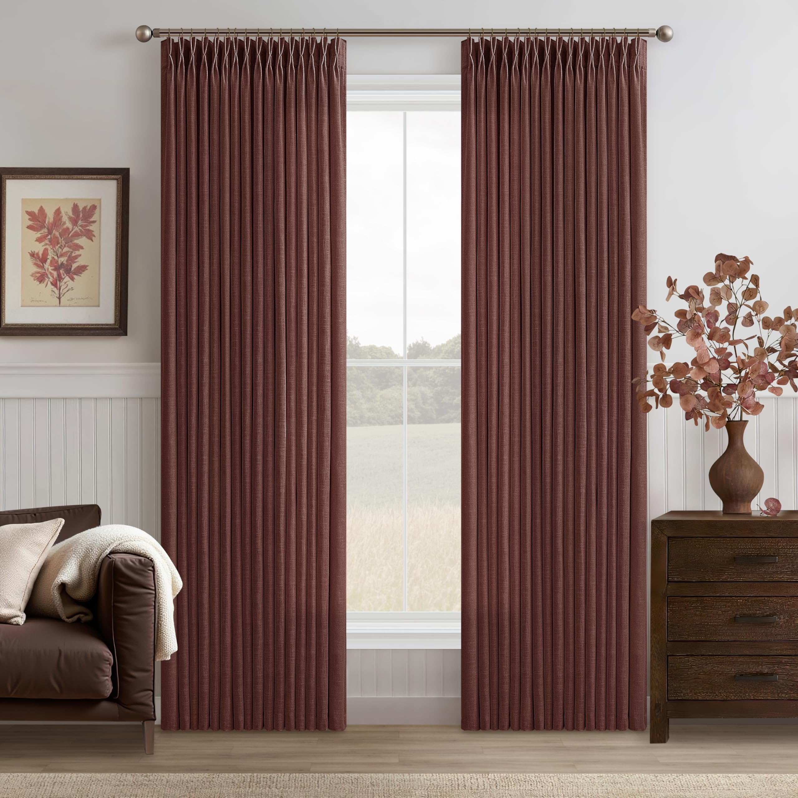 Rust Brown Linen Pleated Light Filtering Curtains with Hooks 84 Inch Long | Pleat Linen Blend Curtain, for Dining Living Room, Red Brown, Semi Sheer Window Curtains, Modern Rustic, 50Wx84L 2 Panels