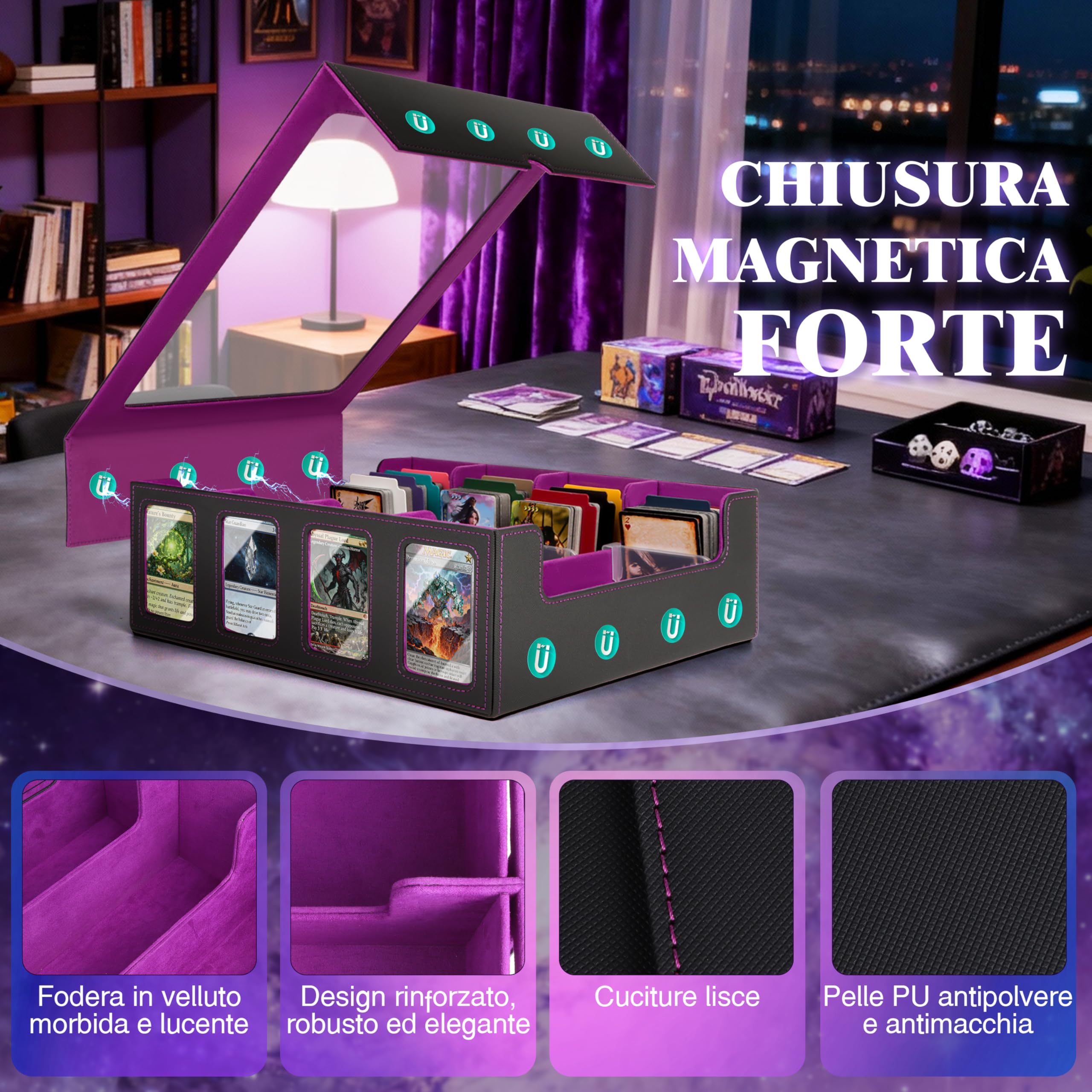 Charmofun Deck Box per Carte, Magnetic Scatola di Carte da Collezione per Oltre 2800+, Porta Deck con Pelle PU e Chiusura Magnetica, 10 Divisori per Carte, 4 Clip Divisorie (Viola, 2400+)