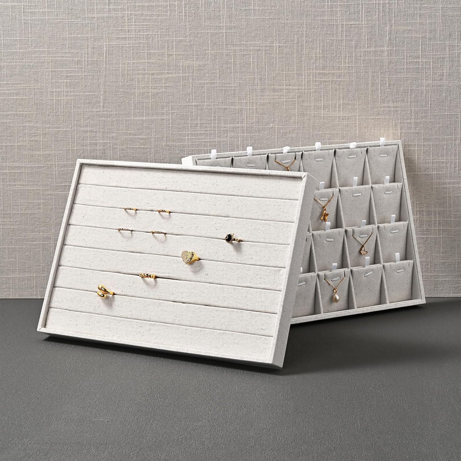 Oirlv Linen 7 Lines Ring Storage Tray Rings Showcase Display Organizer Plate