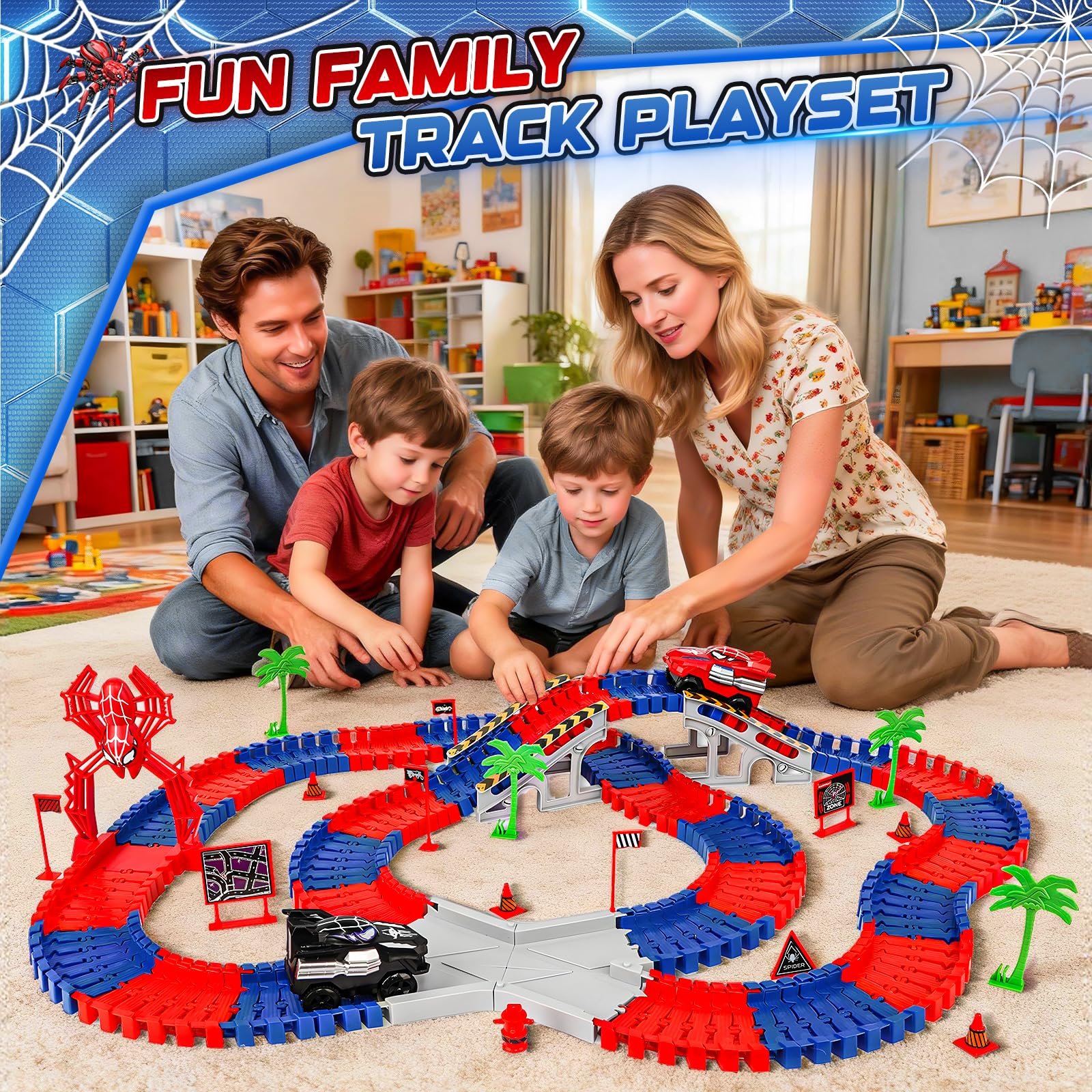 Kssvzz Spider Circuit Voiture Enfant 2 3 4 5 6 Ans, Flexible Circuit de Course Electrique Jouet Garcon, Jouet Cadeau Anniversaire Noël pour Enfant 2-8 Ans (212 PIÈCES)