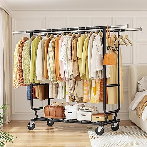 Vista 8 de Raybee Perchero con carga de 630 libras, perchero de ropa resistente, estantes de ropa rodantes para colgar ropa con ruedas, perchero ajustable