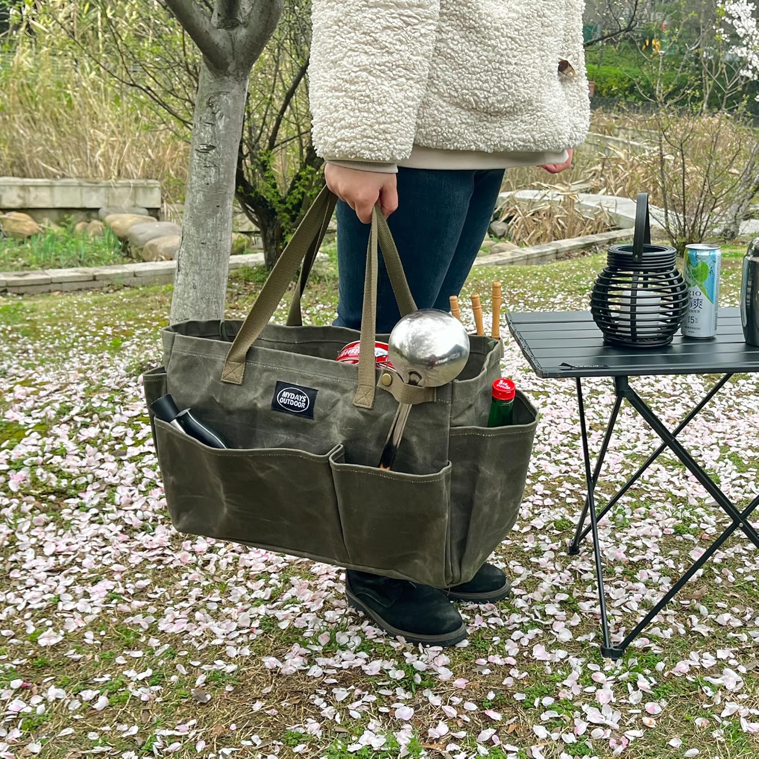 Portable Garden Camping Tool Storage Bag,Waxed Canvas Firewood Carrier Tote bag,Collapsible Sturdy Garden Basket Great for Women, Gardener, Electrician, Repairer(Army Green) - Image 4