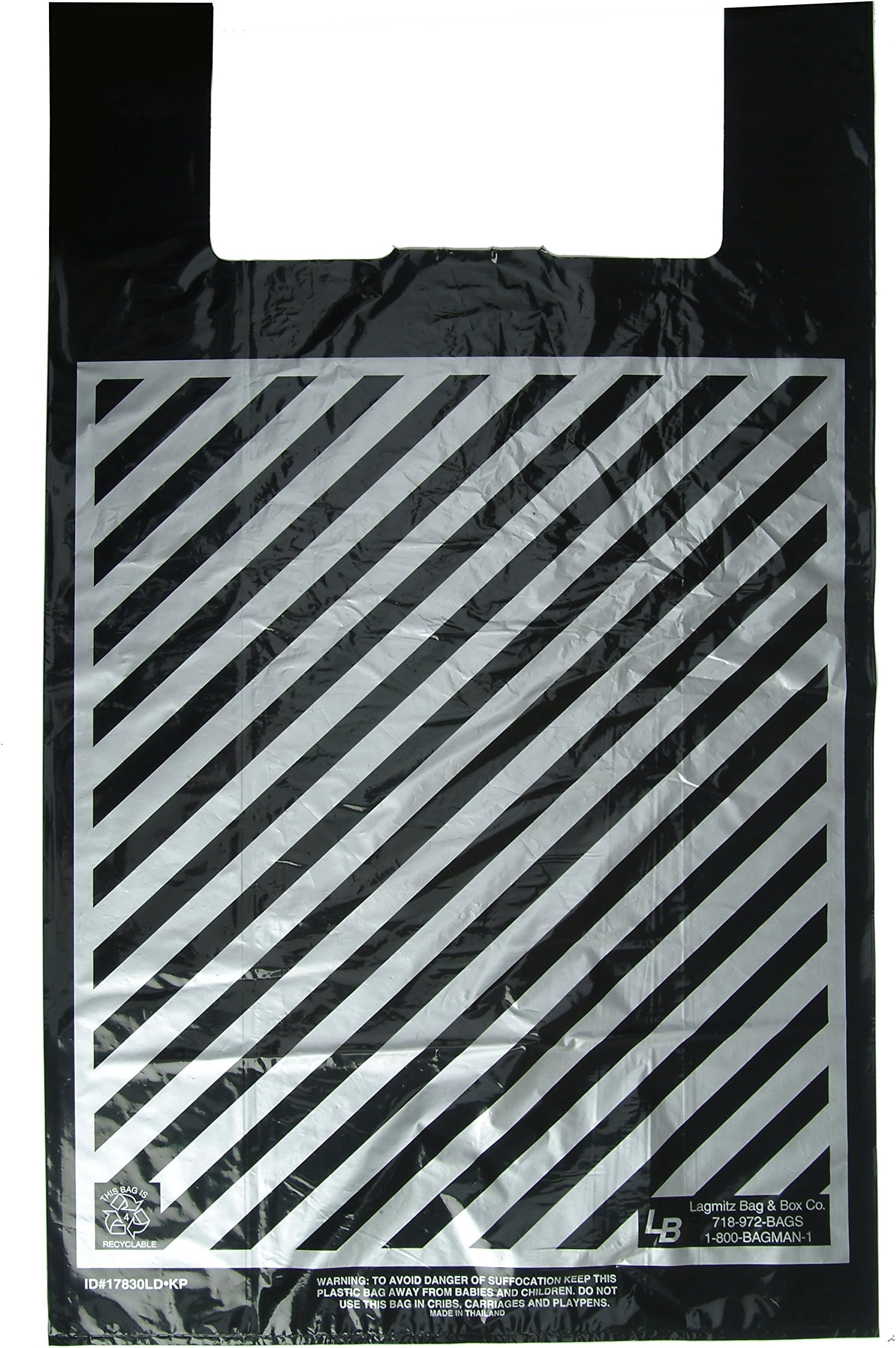 Plastic Shopping Bags, 2,500pcs"Super Duper" Size:23x9x43, 20 Microns LITE Black Bags with Silver Stripes, 25.9 Cents Per Bag, 649.95 per case.