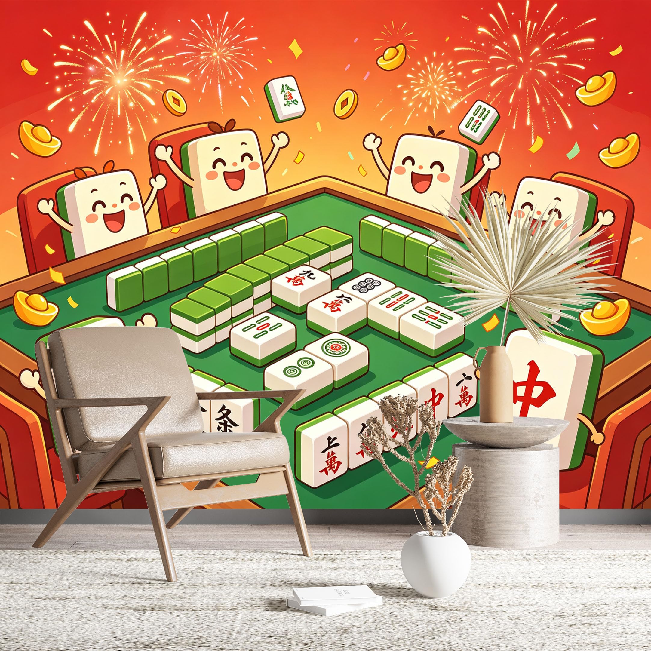 Custom Size Wall Murals Cartoon Mahjong Party Wall Murals Game Wallpaper Wall Stickers Self-Adhesive Removable Wallpaper for Living Room Home Decor