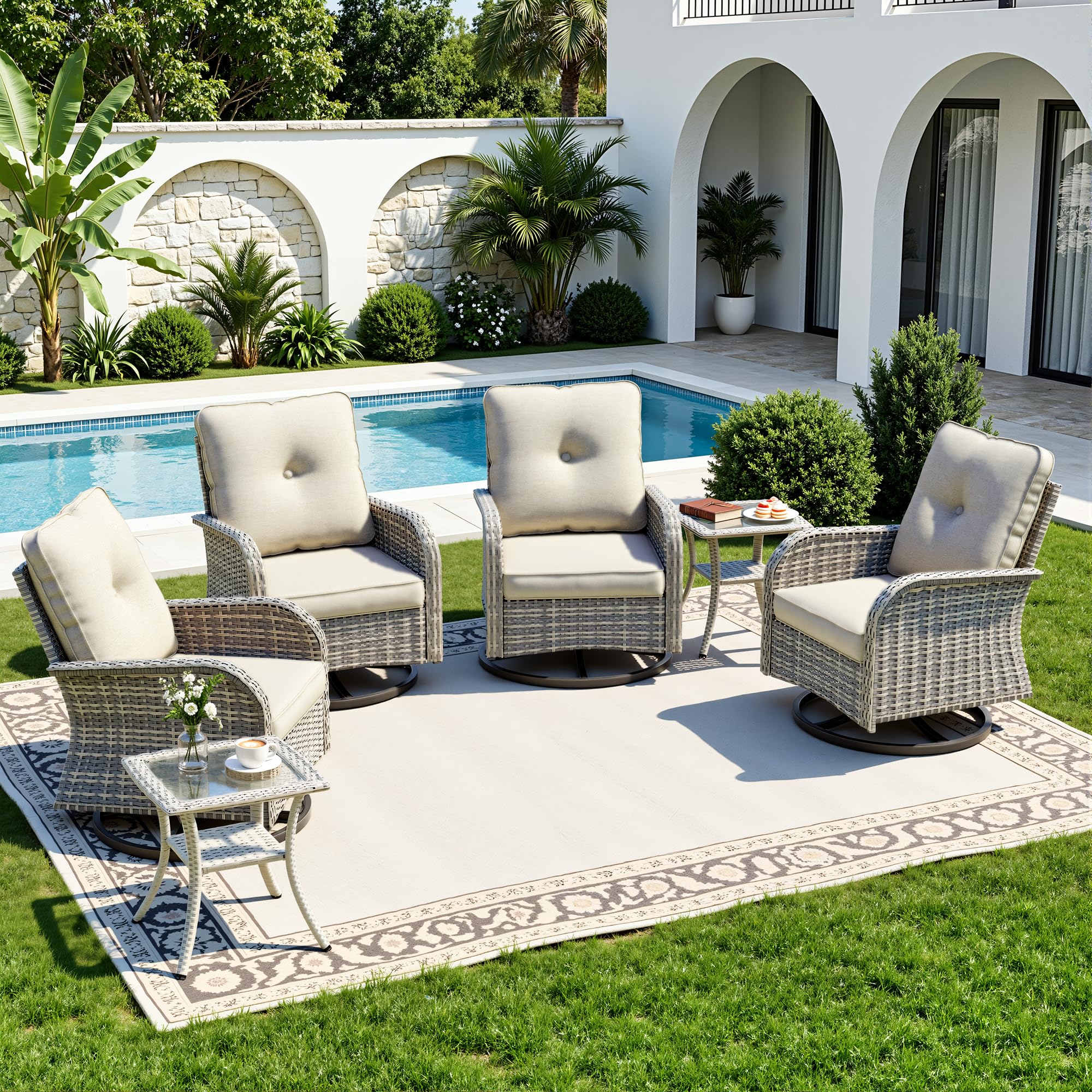 6-Piece Small Patio Furniture Set, Outdoor Swivel Rocking Chairs Set with Wicker Chairs and Tempered Glass Side Table, Outdoor Furniture Patio Bistro Set for Balcony, Deck, Porch