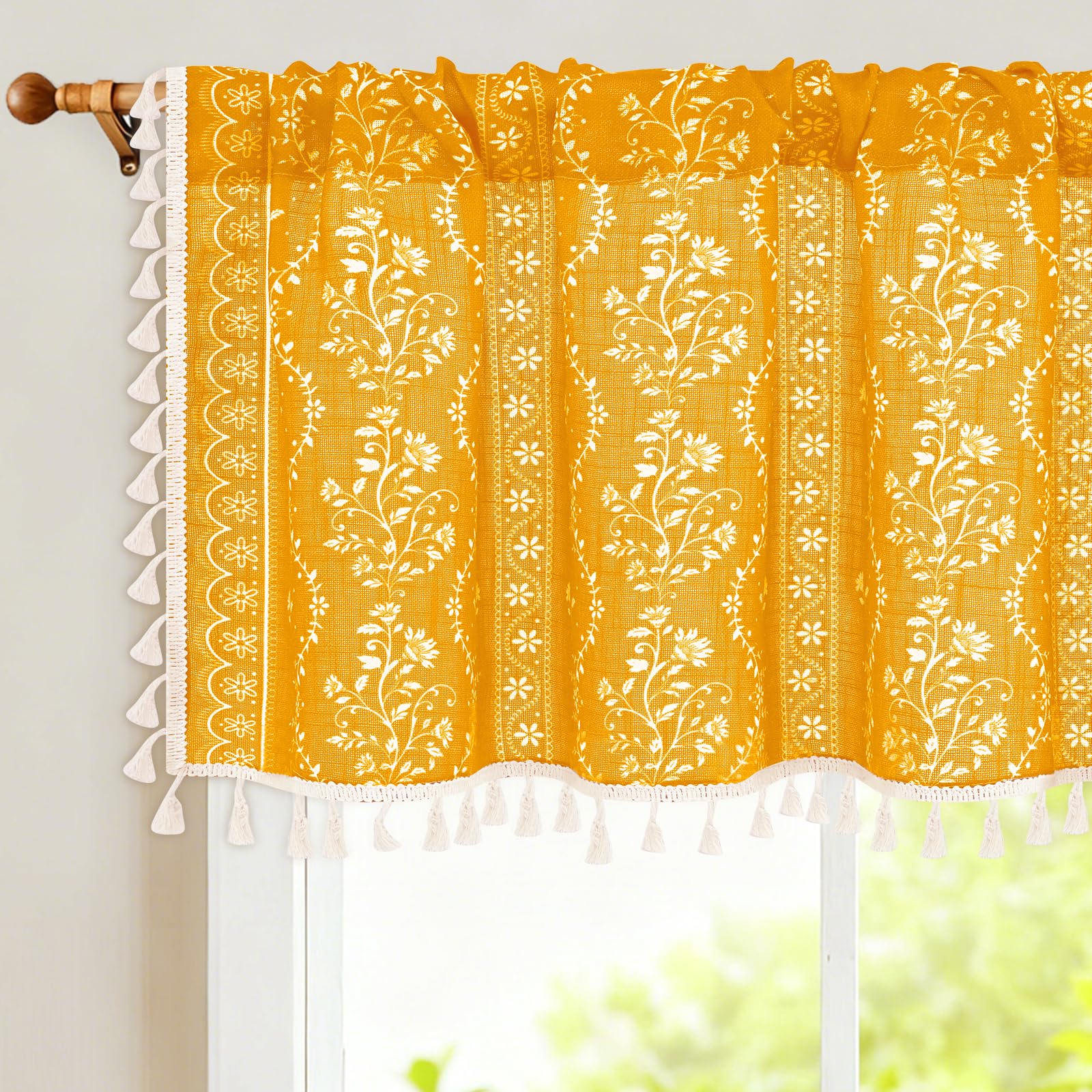 Yinhua Boho Valance Curtains Vintage Linen Yellow Kitchen Valances for Windows Light Filtering Bohemian Floral Valance Rod Pocket Farmhouse Tassel Window Valances for Bathroom Cafe, 52" W X 18" L