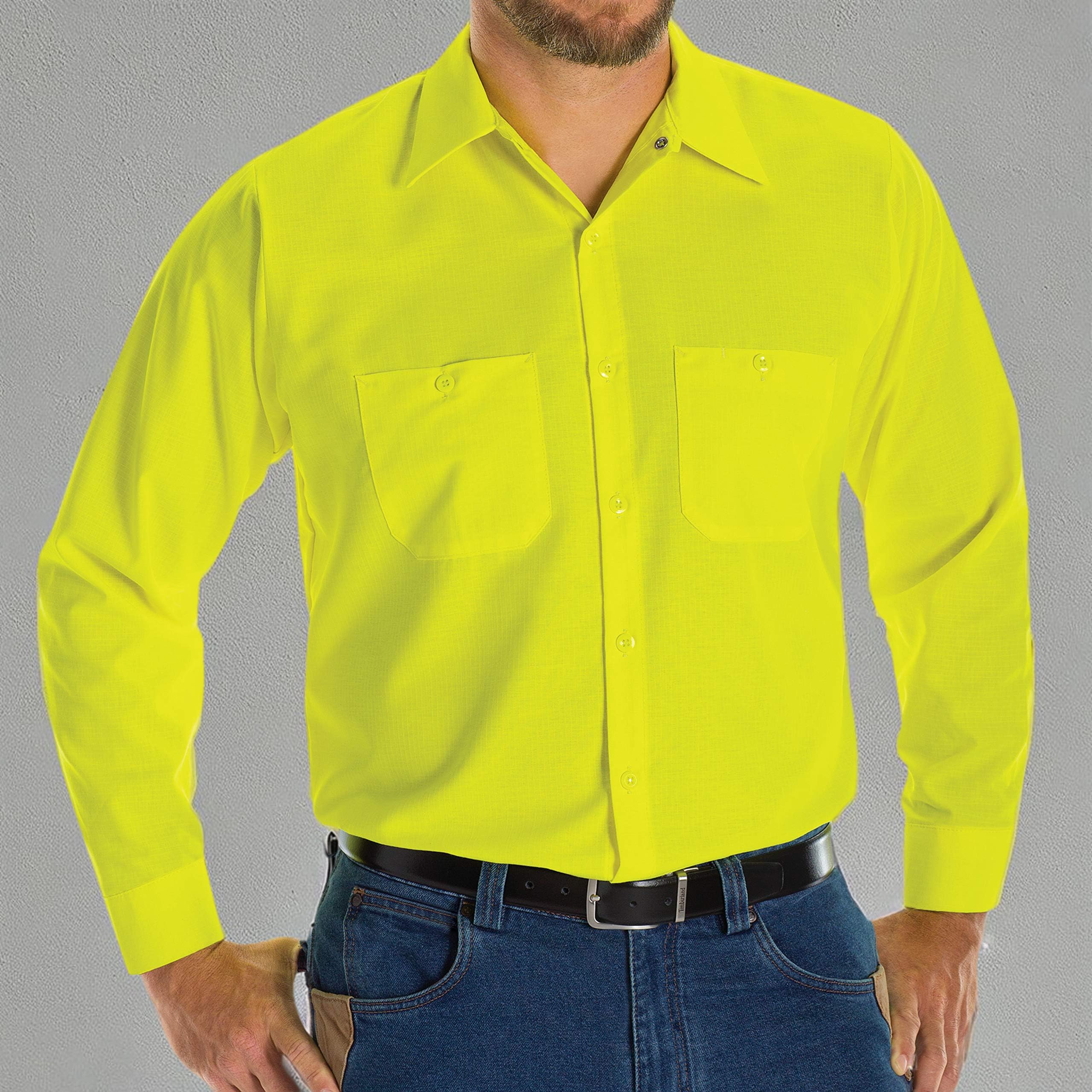 Red Kap Men's Enhanced Visibility Long Sleeve Ripstop Work Shirt, Fluorescent Yellow/Green, X-Large