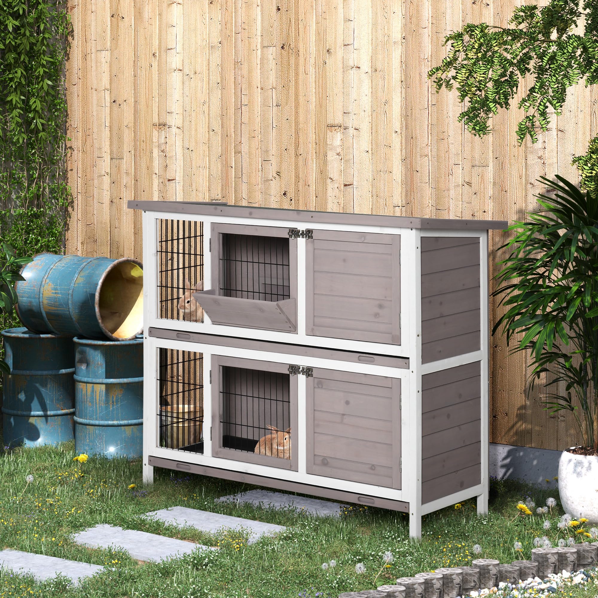 PawHut Conejera de Madera Jaula de 2 Niveles para 1-2 Conejos con Puertas Cerradura Bandejas Extraíbles y Comedero para Exterior 122x50x101 cm Marrón