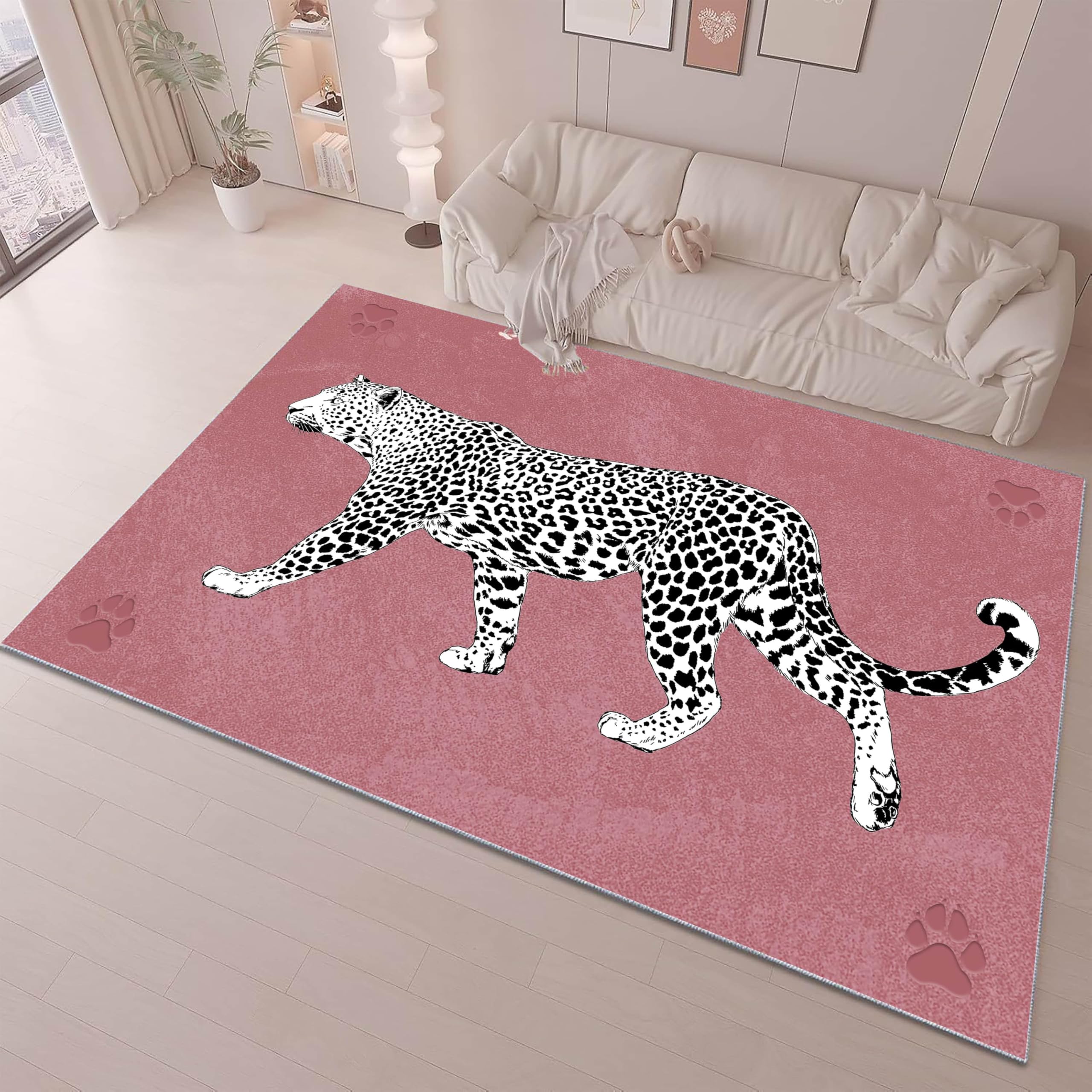 ZCLRUG Animal Washable Area Rug 160 x 200 cm, simplicity Black White leopard Cheetah Animal paw prints Fade Resistant Rug, Soft Easy Care Low Pile pink Carpet for Kids Room Kitchen Dining Room